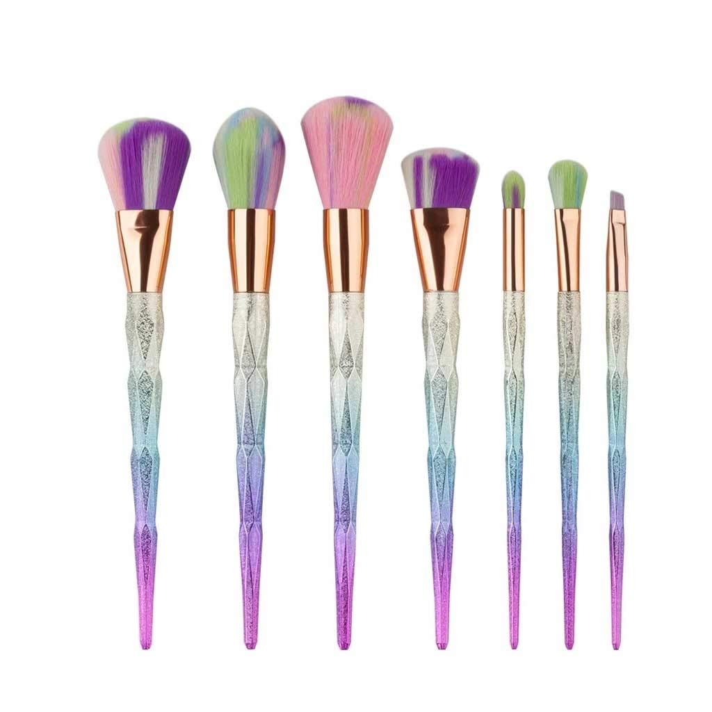 7-Piece Diamond Shape Rainbow Handle Makeup Brush Set - Foundation, Powder, Blush & Lip Brushes - Professional Beauty Makeup Tools Kit (Color A) | Perfect for Daily Makeup, Contouring & Special Occasions