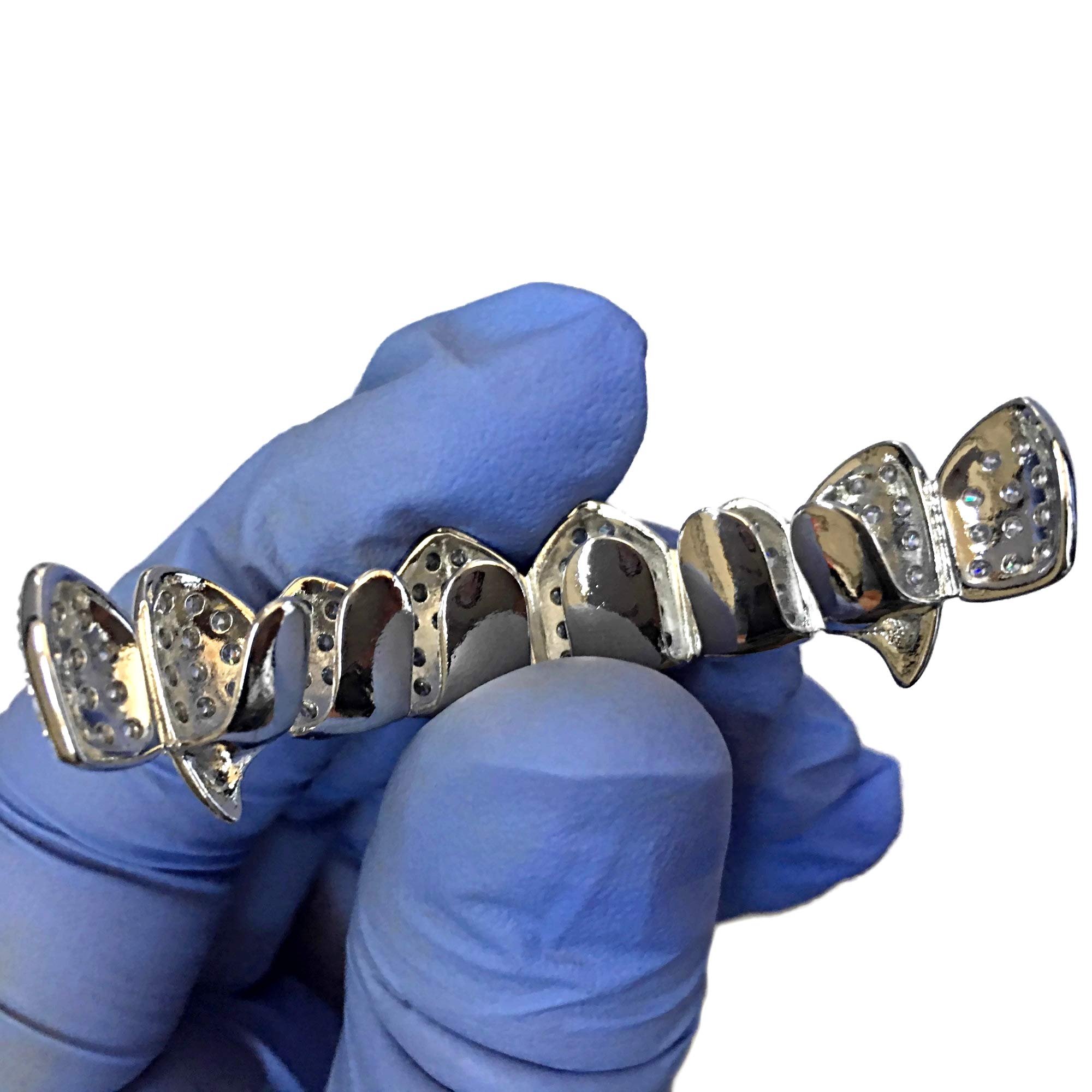 Vampire Fangs CZ Grillz Set - Silver Tone 8 Top & 8 Bottom Teeth Iced Bling Grills for Halloween Costume & Hip Hop Fashion Accessories