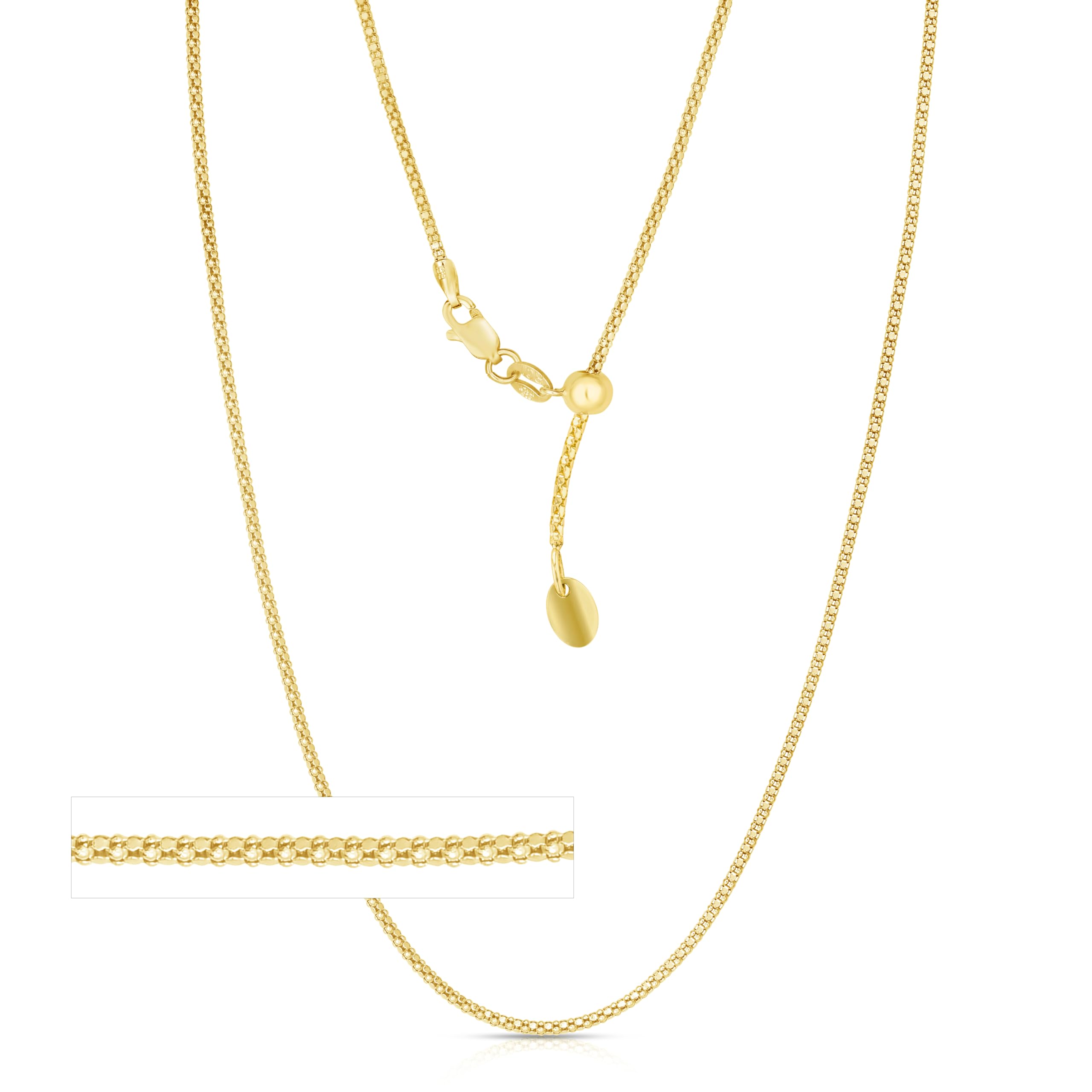 14K Yellow Gold, White Gold, or Rose Gold 1.5mm Adjustable Popcorn Chain Necklace with Heart Charm - 22 Inch - Perfect for Valentine's Day, Anniversary Gifts & Everyday Elegance