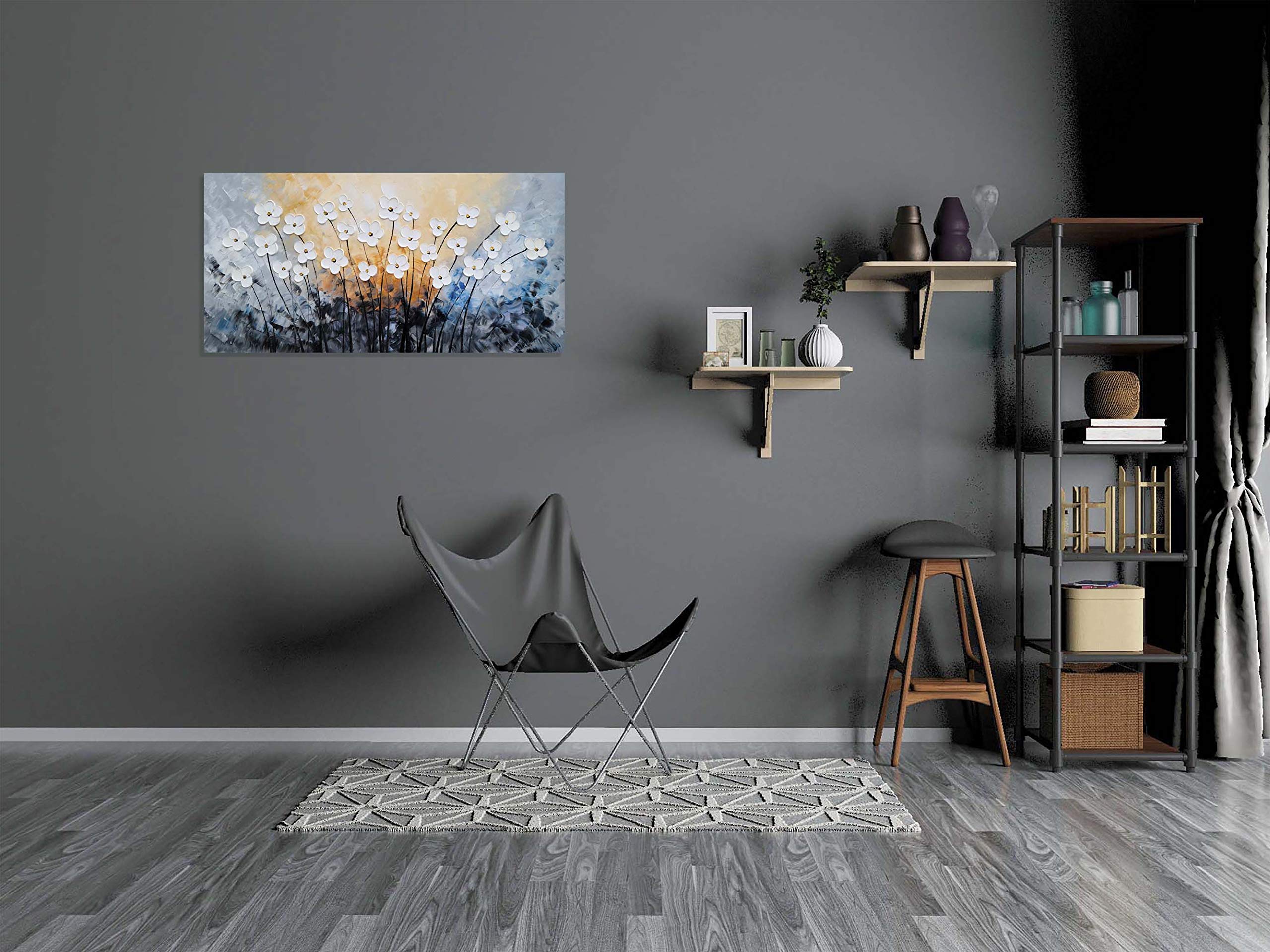 SYGALLERIER White Flower Canvas Wall Art - Hand Painted 3D Oil Painting for Living Room, Farmhouse & Dining Room Decor - Black & Blue Floral Picture - Perfect for Home, Office & Wedding Decorations