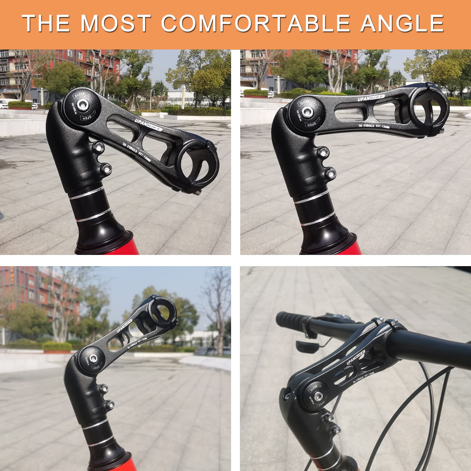 UPANBIKE Adjustable Bike Stem 31.8mm - 75mm/95mm/130mm Aluminum Alloy Handlebar Riser Extender for MTB, Road Bike, BMX - 130 Degree Angle for Comfortable Riding on Mountain Trails & Urban Commutes