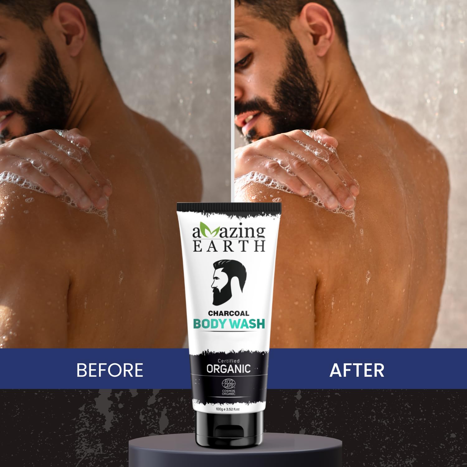 Organic Activated Charcoal Body Wash for Men - Sulfate & Paraben Free, Vegan & Cruelty Free - Deep Cleansing with Rice, Neem & Orange Extract - Controls Oil, Dirt & Pollution - 100ml - Perfect for Gym, Travel & Daily Detox