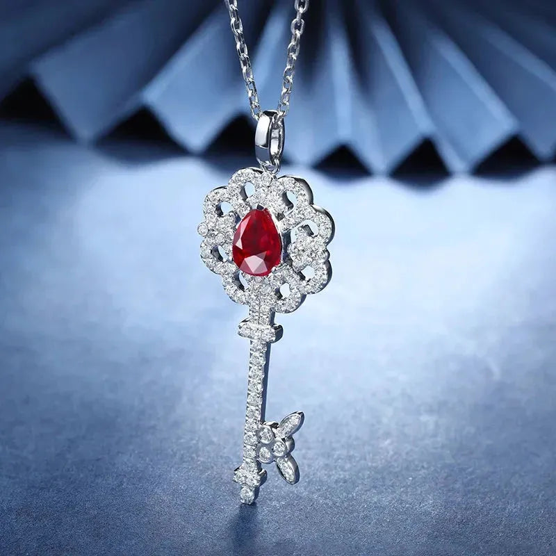 18K White Gold 1.1ct Pear-Shaped Lab Ruby Open Heart Key Pendant Necklace for Women - Elegant Fashion Jewelry for Valentine's Day, Anniversary & Romantic Gifts