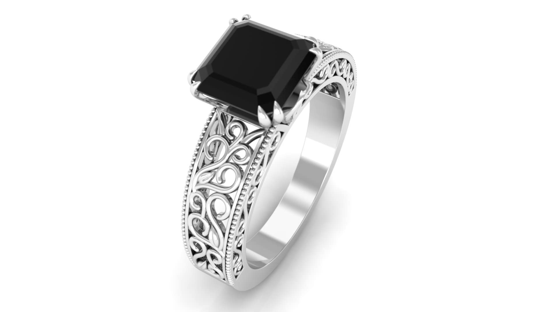 2 CT Black Onyx Gold Ring for Women - 7mm Asscher Cut Solitaire Ring in 14K Gold - Elegant Filigree Design for Weddings, Anniversaries & Special Occasions