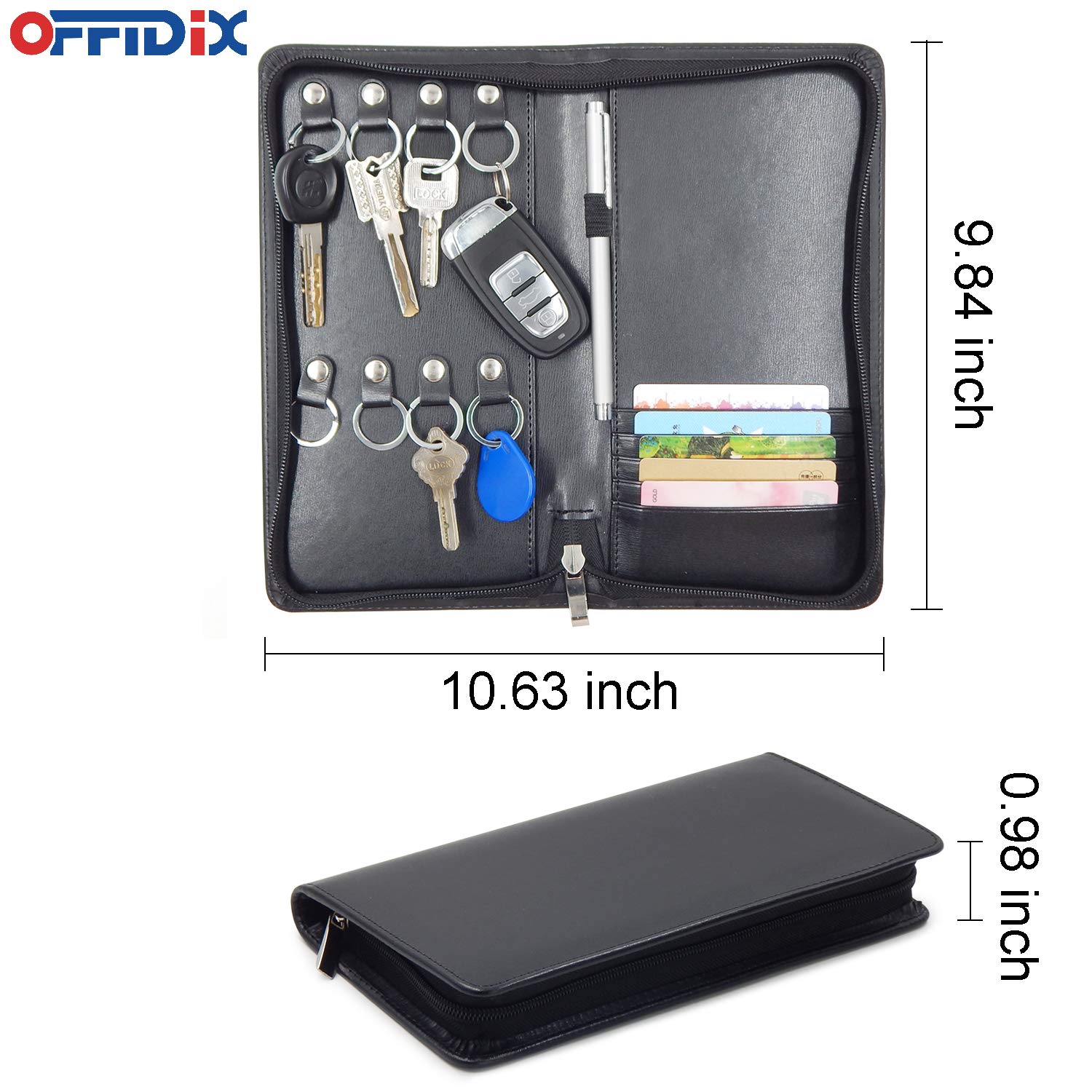 OFFIDIX PU Leather Key Holder Organizer - 8 Key Hooks with Zippered Case for Business Cards, Menus & Documents | Perfect for Real Estate Agents, Hotel Staff & Car Service Professionals | Portable Office & Travel Essential