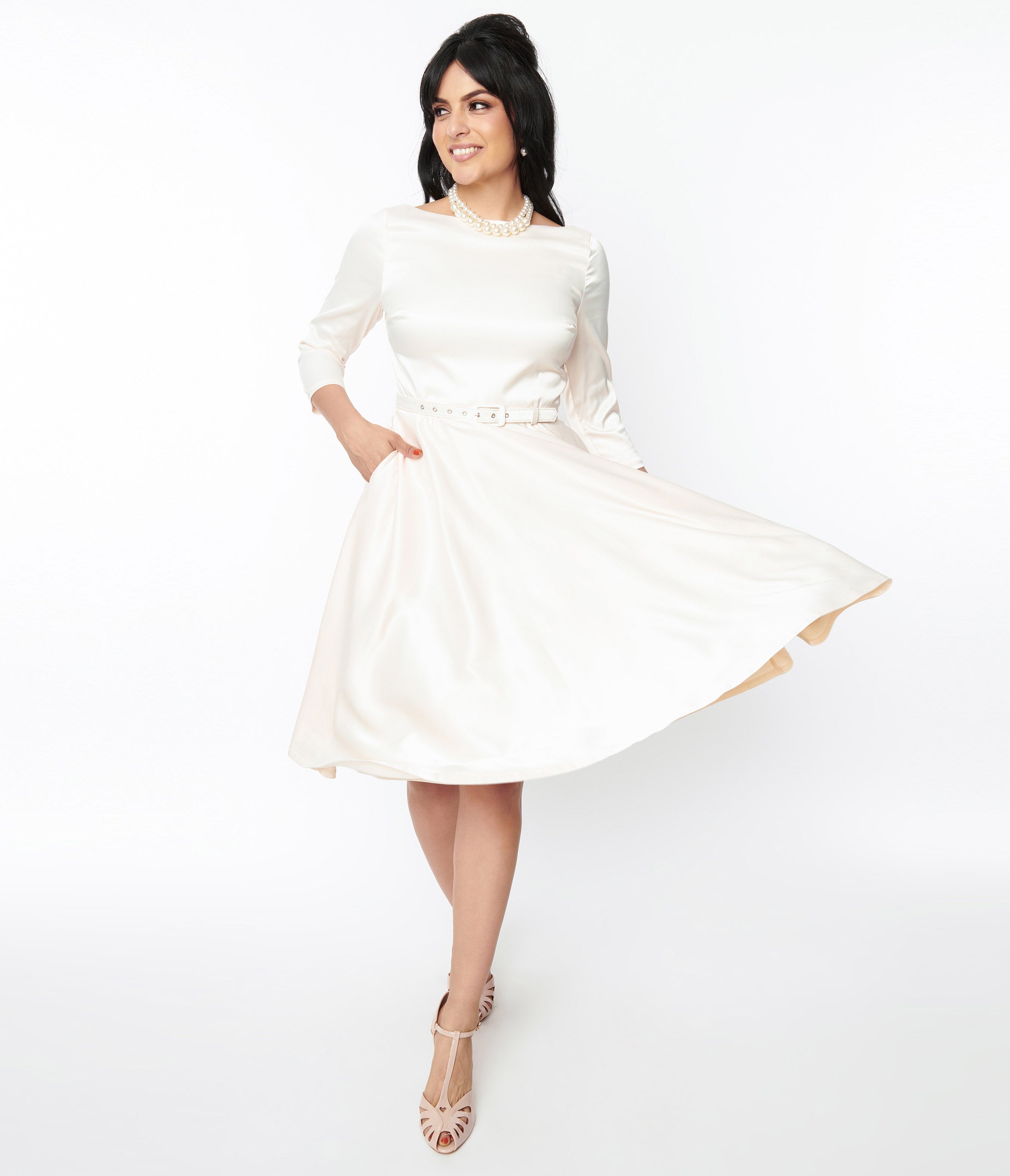 Vintage 1950s Ivory Satin Swing Dress - Retro A-Line Cocktail Party Dress for Women | Perfect for Weddings, Tea Parties & 1950s Themed Events