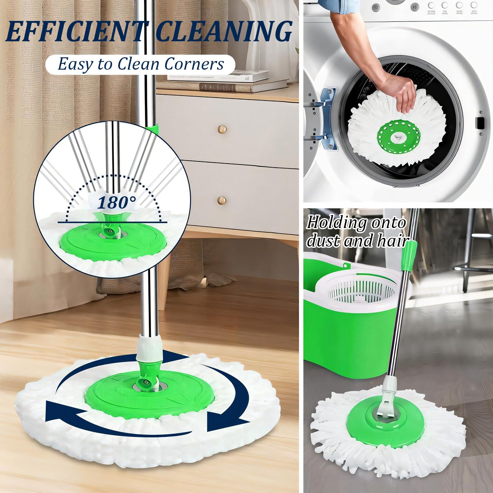 360° Spin Mop and Bucket Set with Wringer - Stainless Steel Adjustable Handle for Floor Cleaning - Perfect for Hardwood, Tile & Laminate Floors - Green