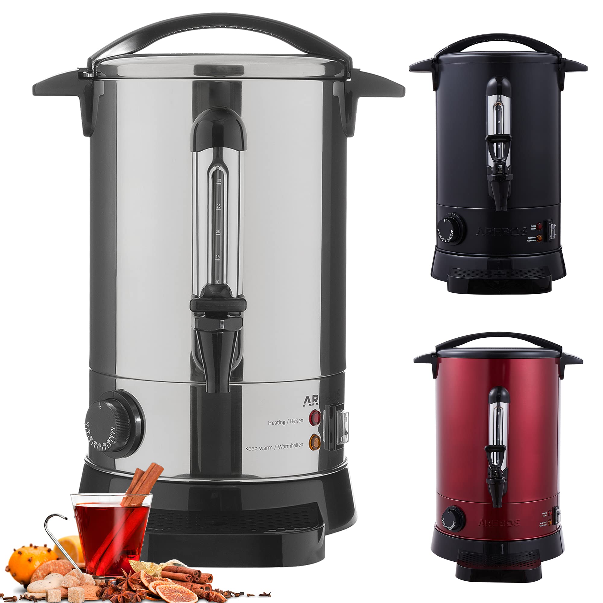 Arebos 6.8L 950W Electric Hot Water Dispenser with Tap - Adjustable Temperature 30-110°C for Mulled Wine, Coffee, Tea - Perfect for Home, Office, and Catering Use