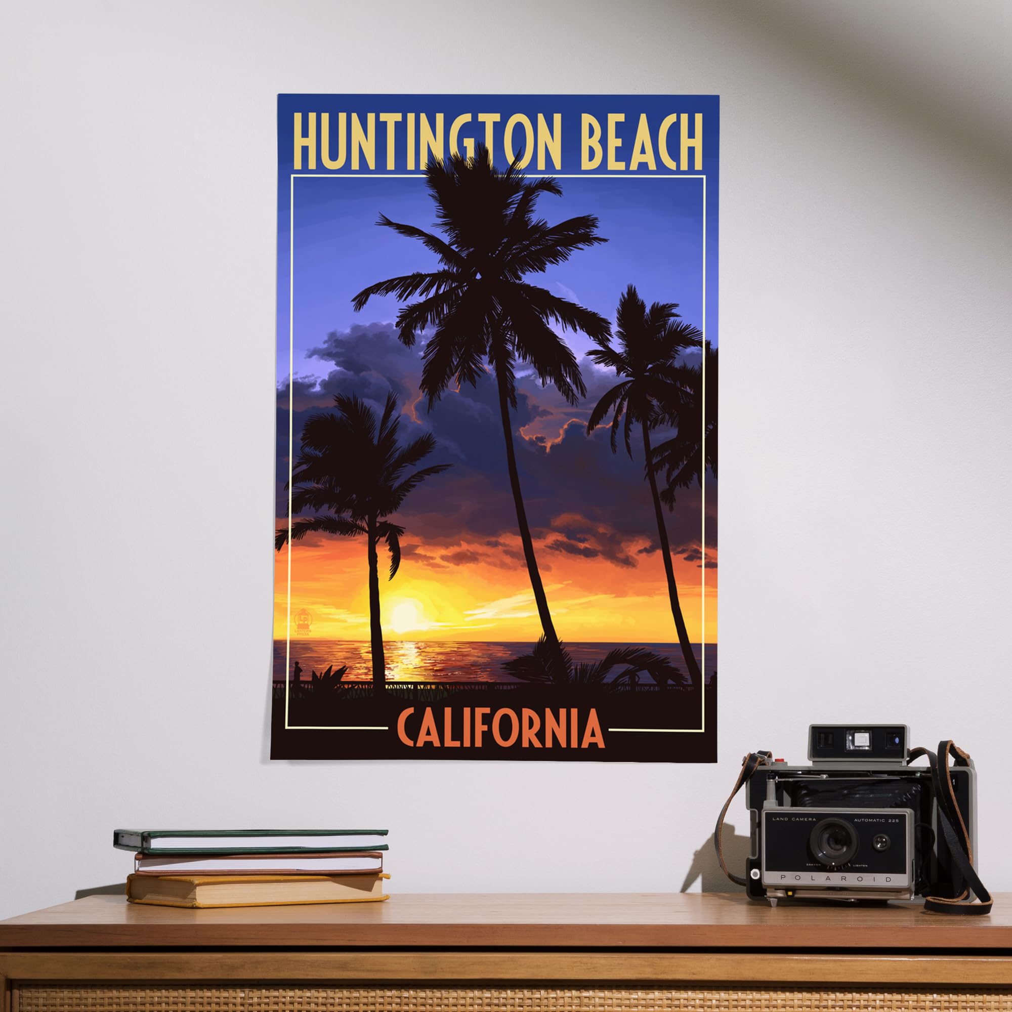Lantern Press 16x24 Inch Giclee Art Print - Huntington Beach California Sunset with Palm Trees | Coastal Wall Decor for Living Room, Bedroom & Office