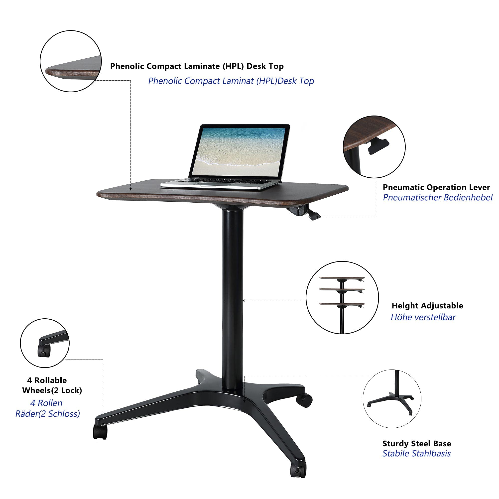 Adjustable Mobile Standing Desk with Wheels - Pneumatic Height Adjustable from 29.5