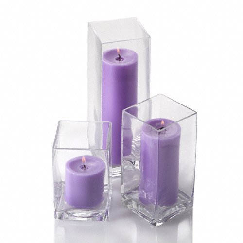 Richland Set of 18 Glass Eastland Square Vases & 18 Lavender Pillar Candles - Elegant Home Decor for Weddings, Centerpieces, and Romantic Ambiance
