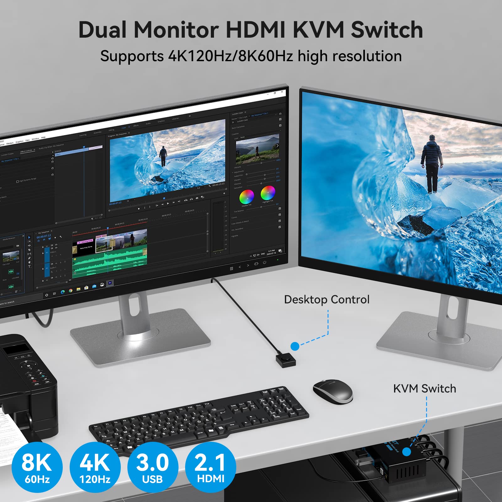 8K60Hz HDMI KVM Switch for 2 Computers 2 Monitors - 4K120Hz Support, 4-Port USB 3.0 Hub, Includes External Wired Controller, 12V DC Adapter & 2x USB 3.0 Cables - Perfect for Home Office, Gaming & Multi-Tasking Workstations