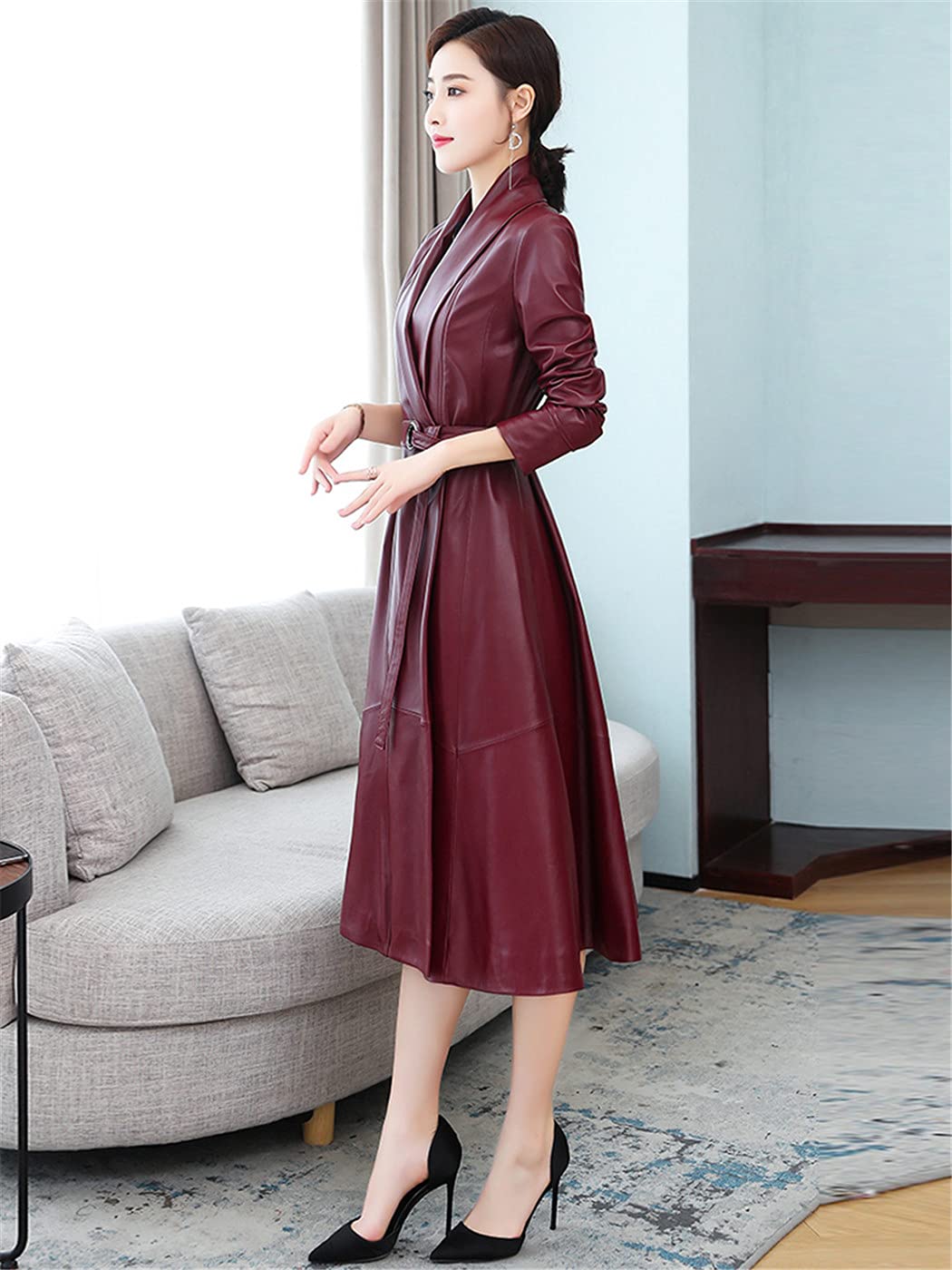 Women's Black PU Leather Trench Coat - Long Sleeve Belted Korean Style Fall Jacket for Office, Dating & Casual Outfits