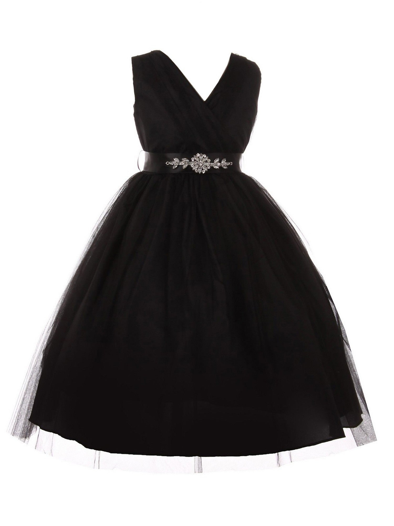 Elegant Black Rhinestone Satin Sash V-Neck Tulle Junior Bridesmaid Dress for Big Girls - Size 8-14 | Perfect for Weddings, Proms, and Special Occasions