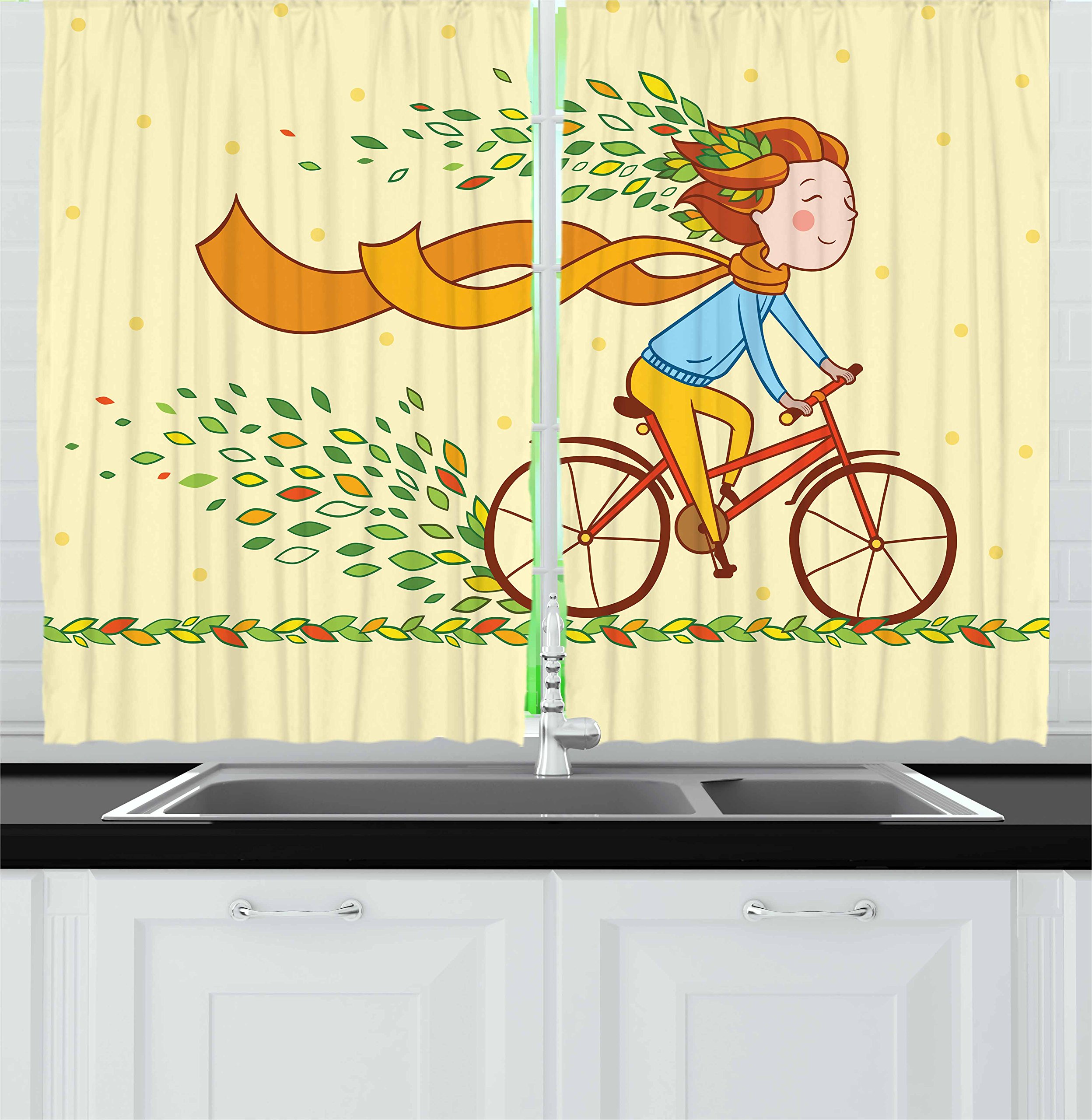 Ambesonne Bicycle Themed Kitchen Curtains Set of 2 - Cartoon Character Cycling in Autumn Countryside with Colorful Leaves - 55