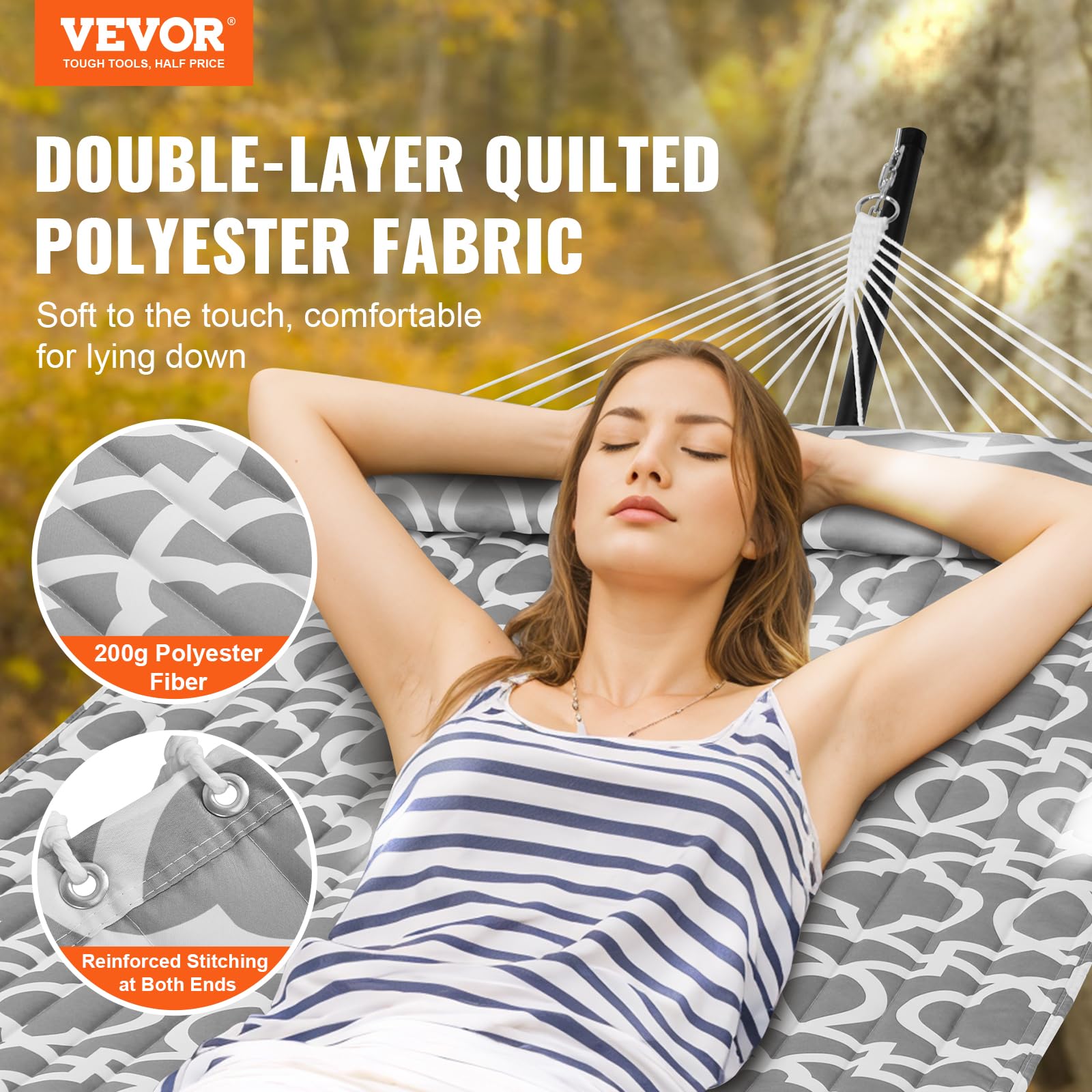 VEVOR Heavy Duty 2 Person Hammock with Stand - 480lb Capacity Double Quilted Fabric Outdoor Hammock, Portable Free Standing Design with Detachable Pillow & Carry Bag - Perfect for Backyard, Camping, Beach and Patio Relaxation