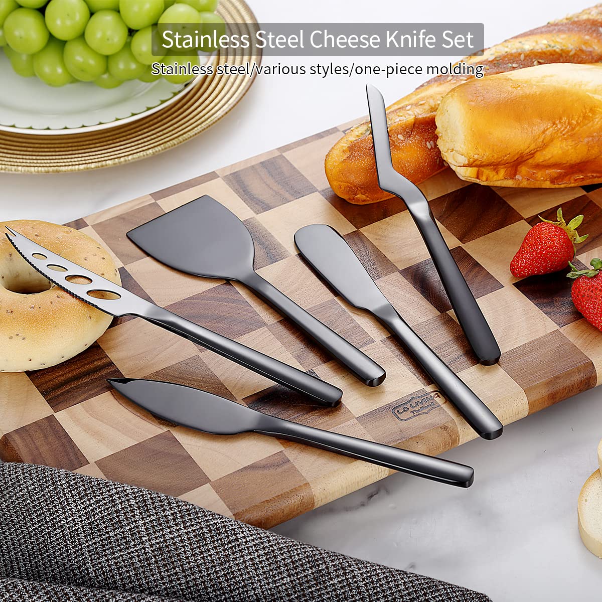 Premium 5-Piece Black Titanium Cheese Knife Set - Ergonomic Design for Comfortable Grip, Perfect for Hard & Soft Cheeses, Butter Spreader - Ideal for Charcuterie Boards, Wine Pairings & Dinner Parties