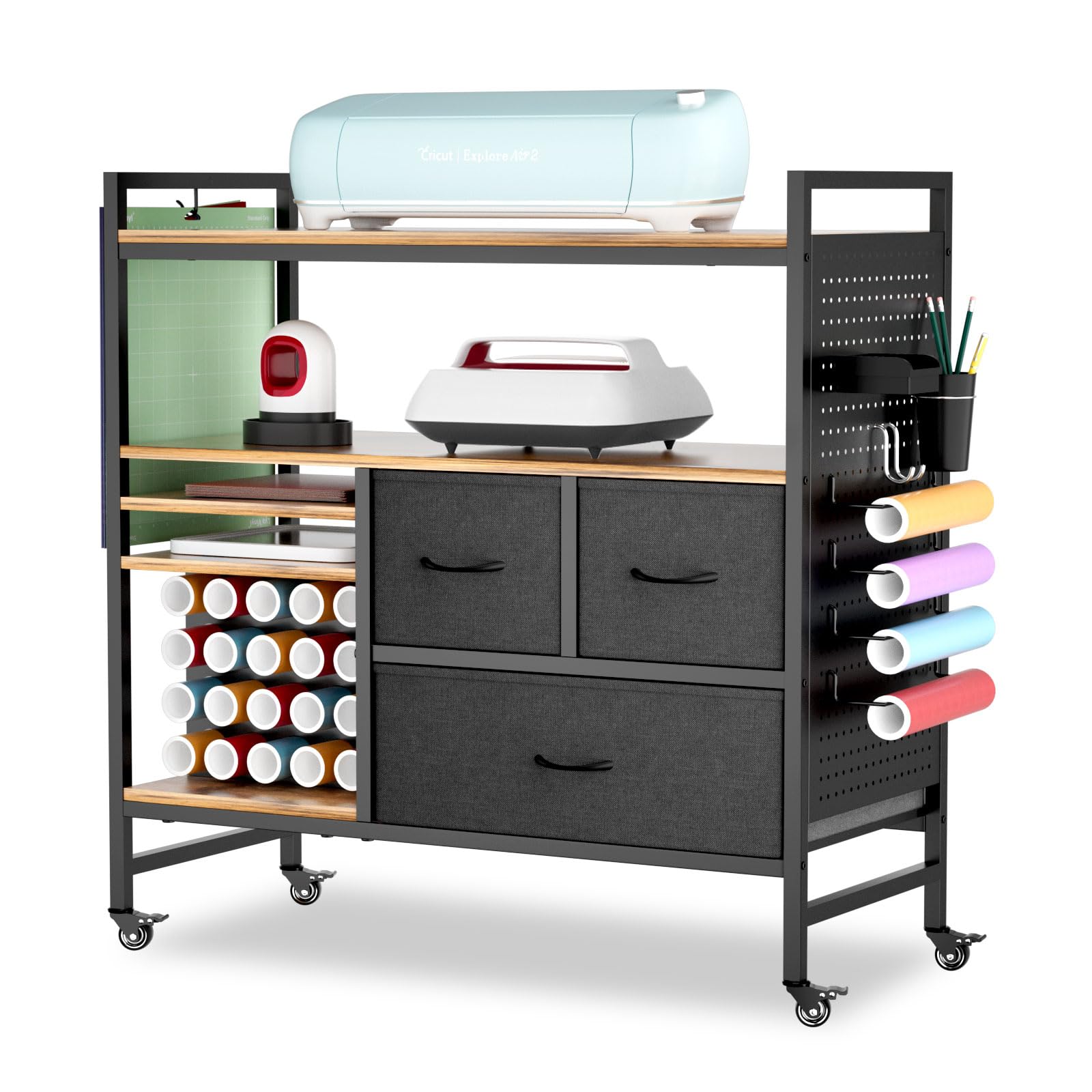 PUNLUXU Craft Storage Organizer for Cricut Machines - Vinyl Roll Holder, DIY Pegboard with Accessories, Rolling Craft Table with Storage Cabinet Workstation PU-01 (Patent Protected) | Perfect for Scrapbooking, Vinyl Cutting & DIY Craft Room Organization