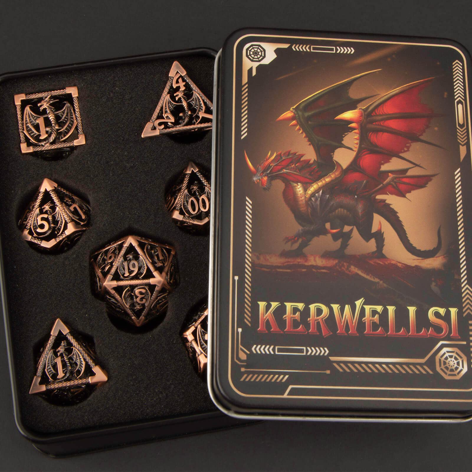KERWELLSI 7-Piece Hollow Metal DND Dice Set - Copper Polyhedral RPG Dice for Dungeons & Dragons (D20, D12, D10, D8, D6, D4) with Gift Box | Perfect for Tabletop Gaming, Role-Playing Adventures & Collector Displays