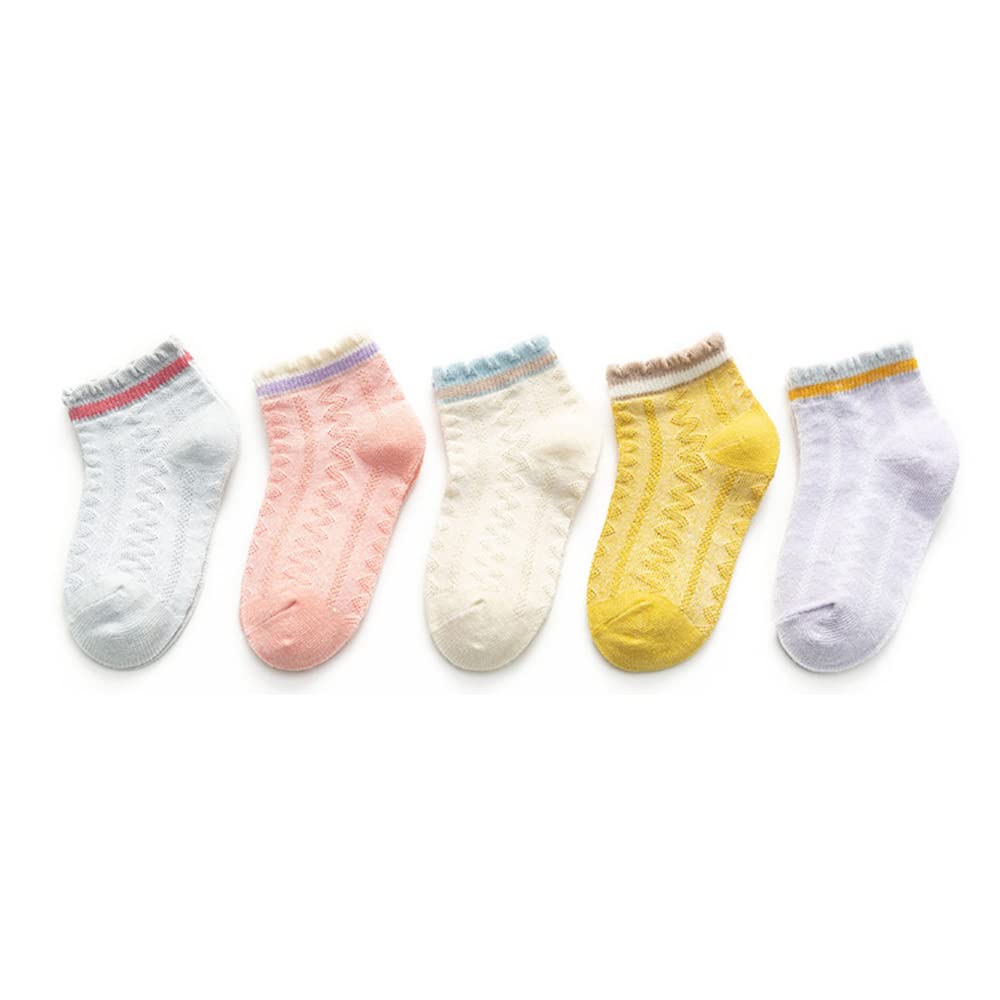 Girls Lace Ruffle Ankle Socks - 5 Pack Cotton Eyelet Princess Socks with Frilly Trim | Breathable Mesh Summer Socks for Kids, Toddlers & Teens | Perfect for School, Parties & Everyday Wear
