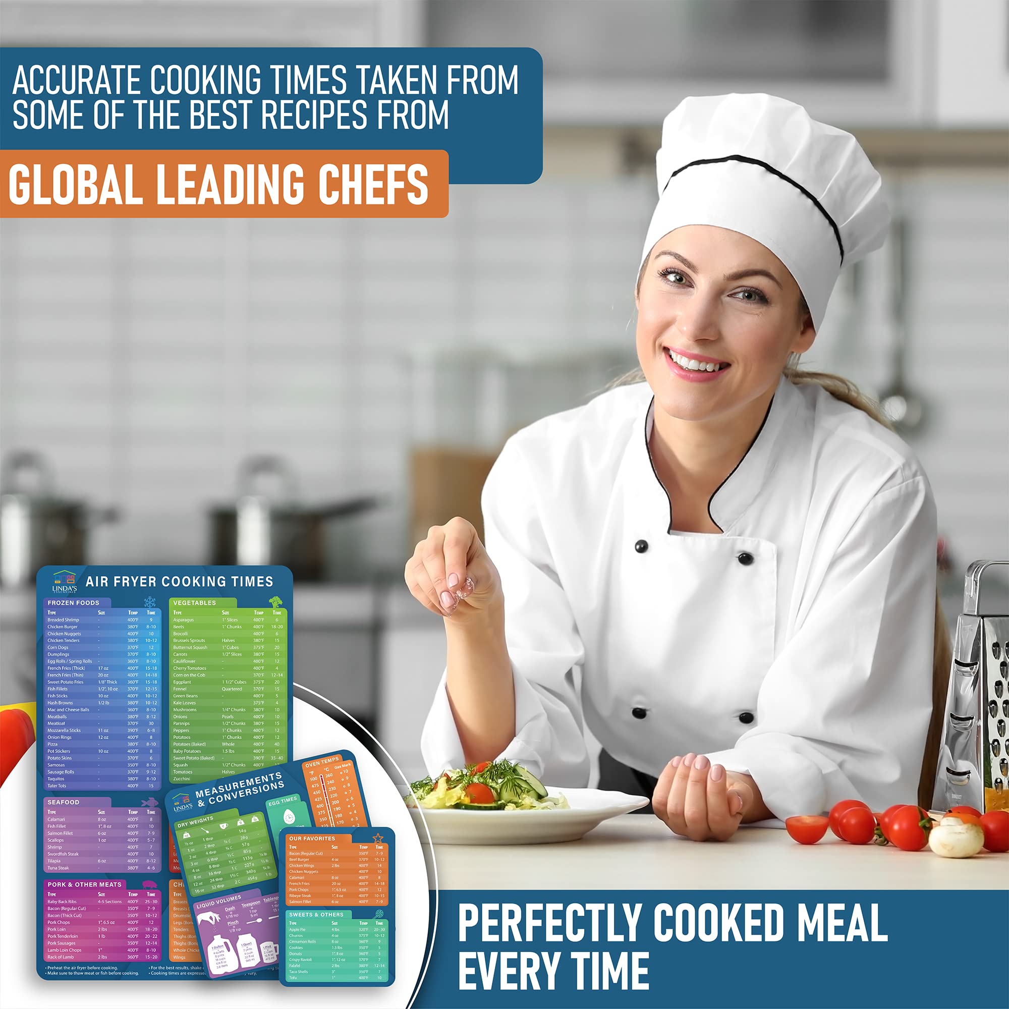 Air Fryer Cheat Sheet Magnets - 3 Pack Magnetic Cooking Guide with Time Chart & Kitchen Conversions - Perfect for Air Fryer Liners, Frying & Baking - Ideal for Quick Reference in Kitchen & Meal Prep