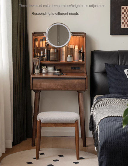 Black Walnut Solid Wood Lighted Vanity Dressing Table with Mirror - Elegant Makeup Desk for Bedroom, Bathroom, or Boudoir