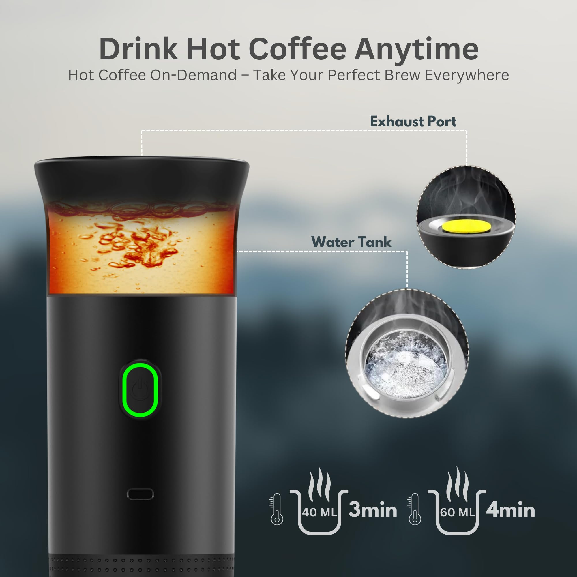 Portable Espresso Maker - 3-in-1 Coffee Machine for Ground Coffee & Nespresso Capsules, USB-C Self-Heating, Compact Travel Coffee Maker for Camping, Hiking, RV & Office Use (Black)