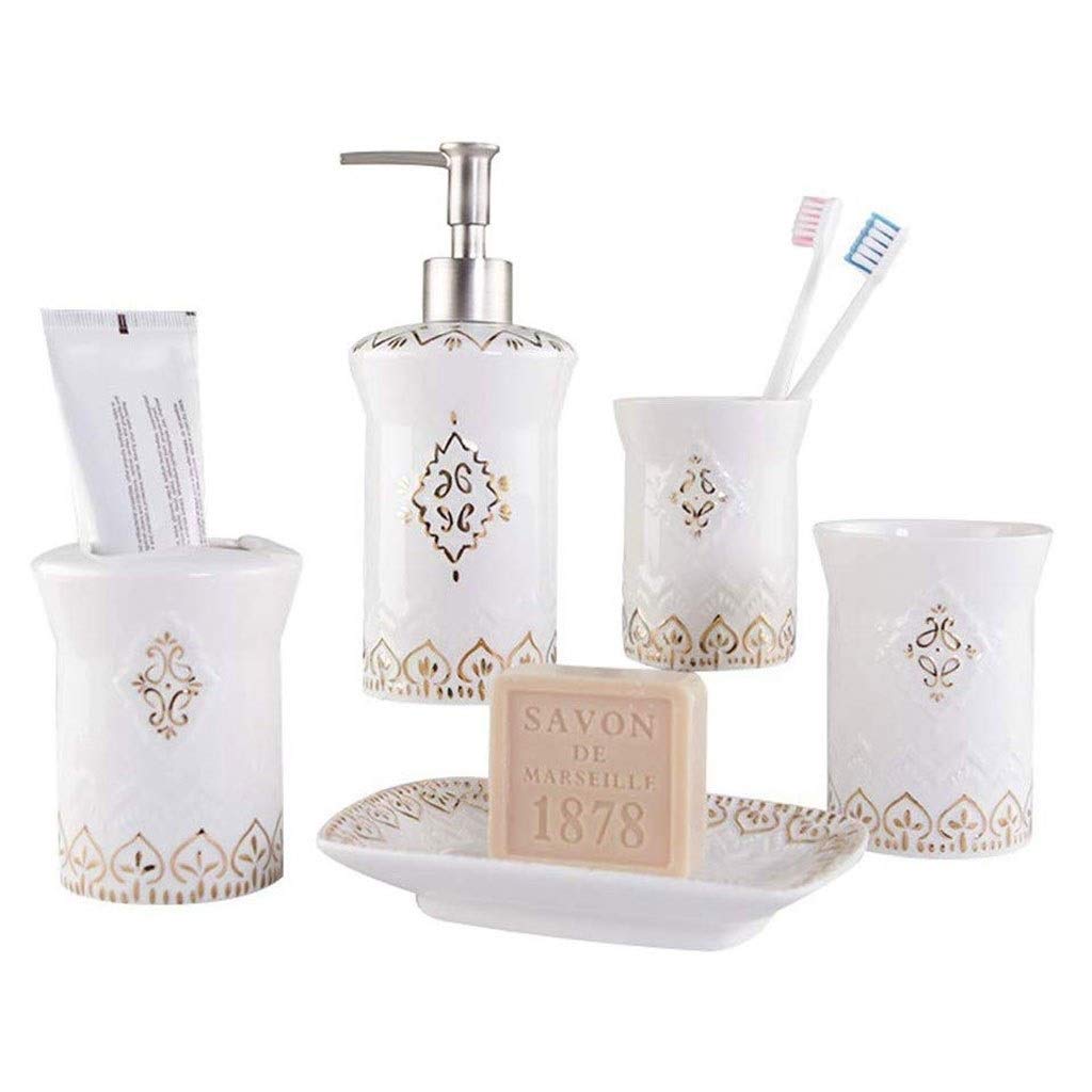 5-Piece Ceramic Soap Dispenser Set - European Style Bathroom Accessories with Soap Pump, Dish, Toothbrush Holder & Tumbler | Perfect for Modern Kitchen & Bathroom Organization