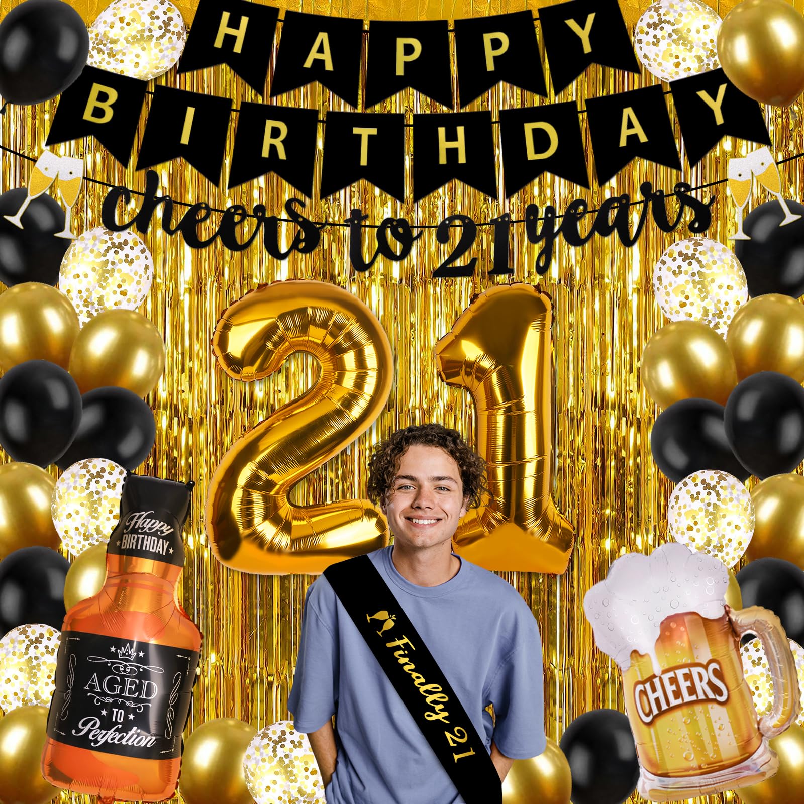 21st Birthday Decorations for Men - Black & Gold Party Supplies Kit with Banner, Fringe Curtain, Confetti & Balloons | Perfect for 21st Birthday Parties, Milestone Celebrations & Adult Birthday Decor