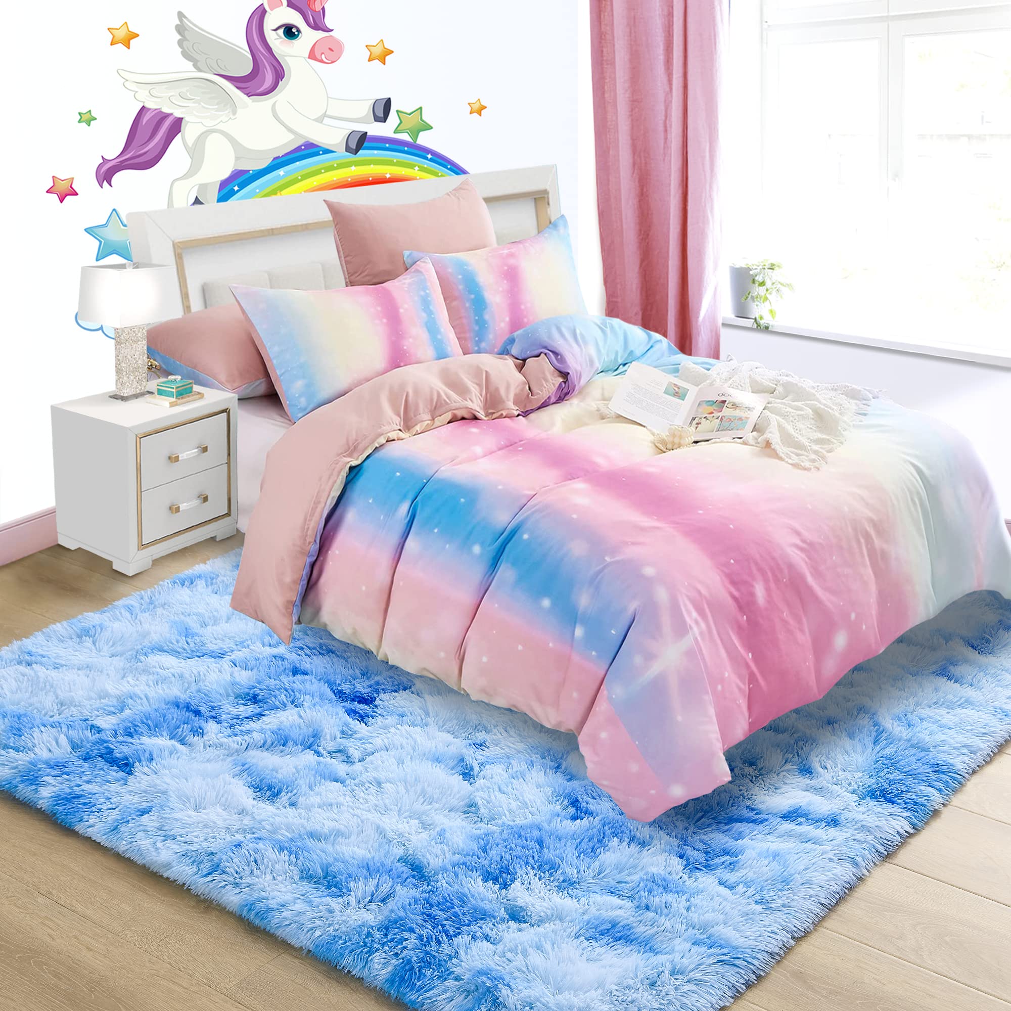 Noahs 4x6 Fluffy Kids Rugs - Soft Blue Tie-Dyed Rainbow Nursery Carpet for Girls Bedroom | Non-Slip Playroom Rug, Shaggy Floor Mat for Toddler Room Decor & Kids Play Area | Perfect for Bedrooms, Daycare Centers, and Play Spaces