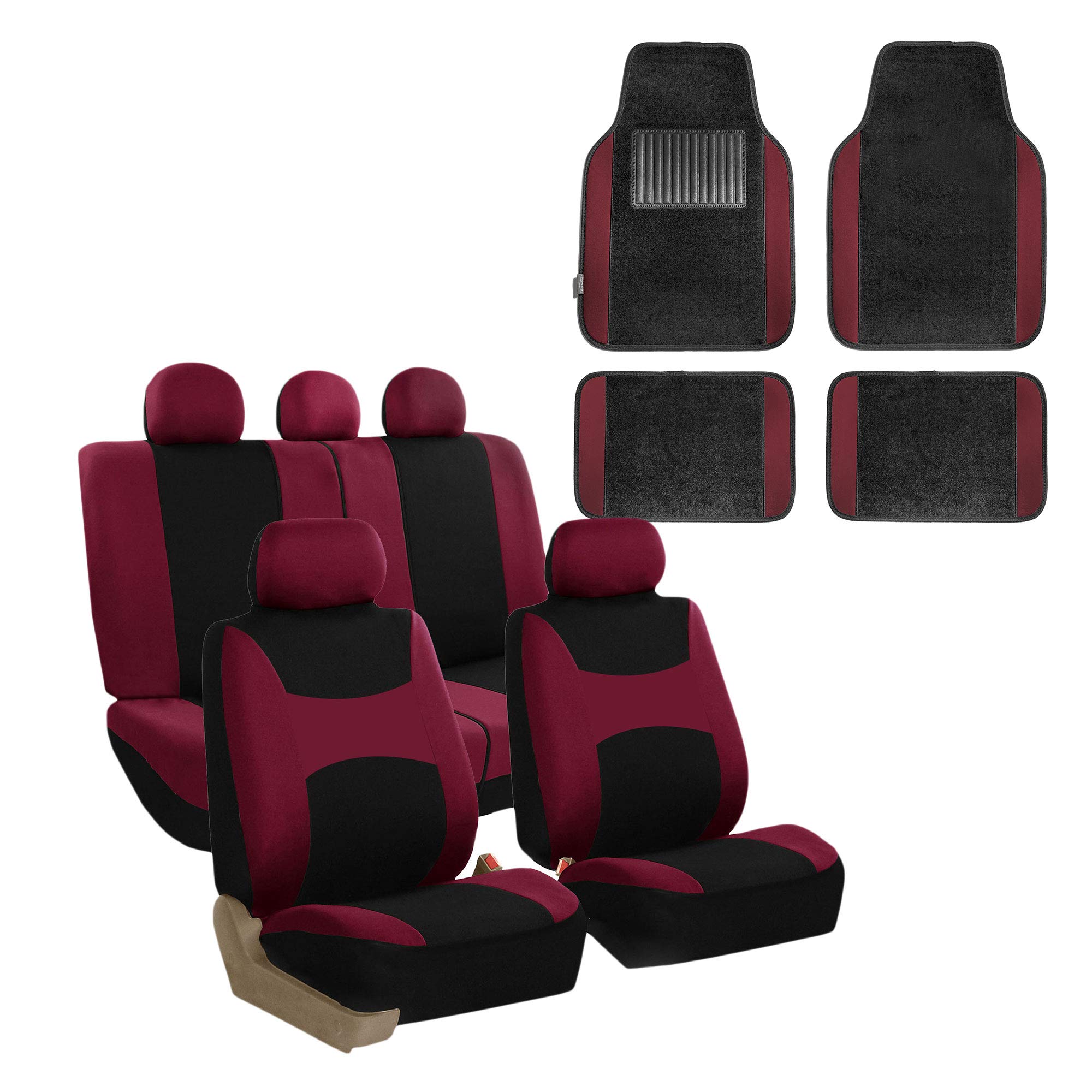TLH Lightweight Breezy Car Seat Covers Full Set - Burgundy Flat Cloth, Airbag Compatible with Floor Mats - Universal Fit for Cars, Trucks & SUVs | Perfect for Road Trips, Daily Commutes & Protecting Your Vehicle Interior