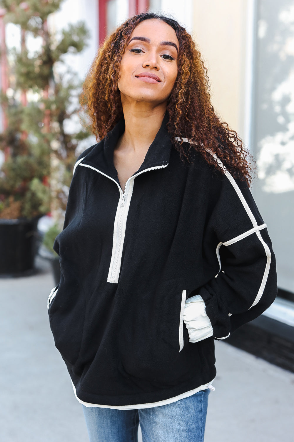 Stylish Black Cinched Waist Half Zip Fleece Jacket for Women | Cozy Winter Outerwear | Perfect for Casual Outings & Outdoor Activities