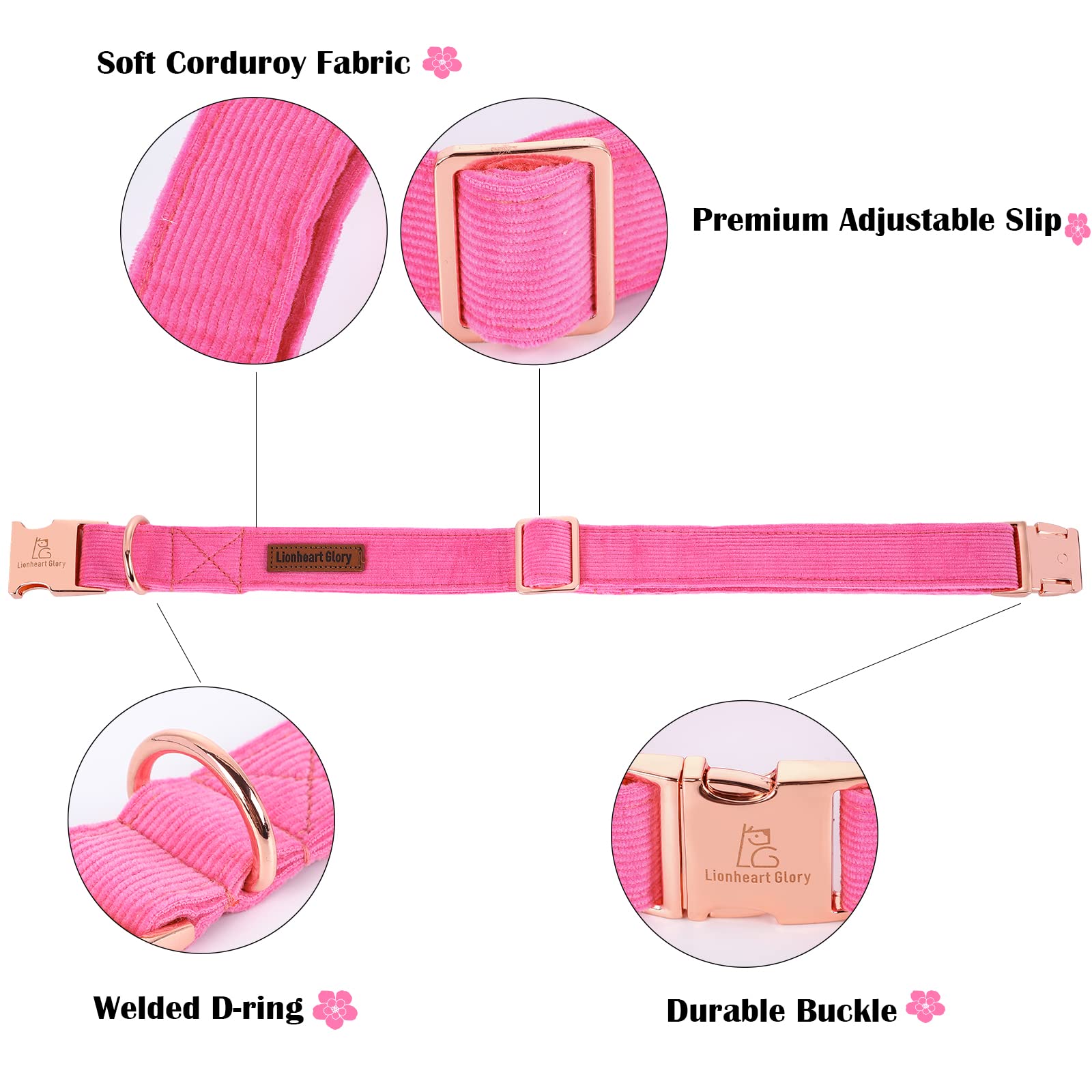 Lionheart Glory Pink Corduroy Dog Collar with Bow - Soft Adjustable Pet Collar for Small Medium Large Dogs - Perfect for Daily Walks, Pet Photos & Special Occasions