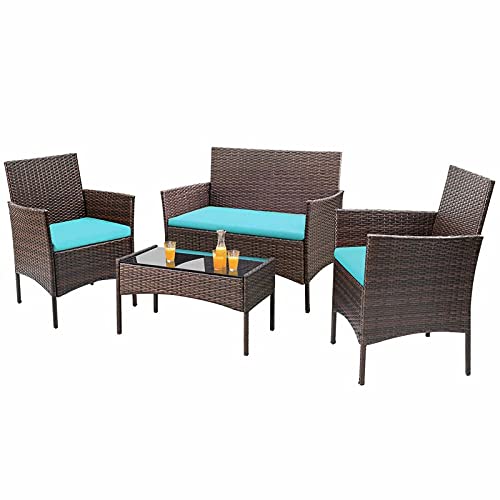 4-Piece Outdoor Patio Furniture Set - Rattan Wicker Conversation Set with Glass Coffee Table for Patio, Porch, Garden or Deck - Perfect for Relaxing, Entertaining and Outdoor Gatherings
