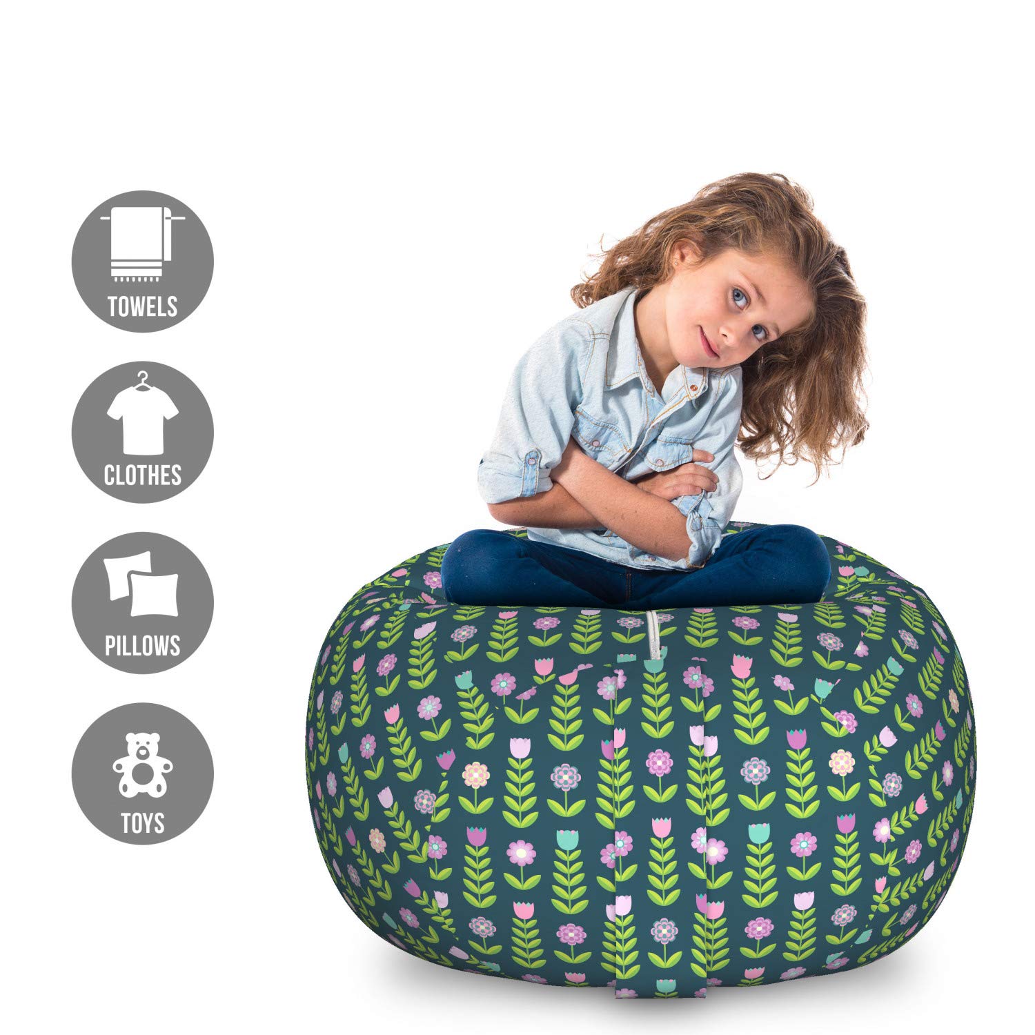 Ambesonne Floral Storage Toy Bag Chair - Large Washable Stuffed Animal Organizer with Geometric Flower Design in Fern Green & Dark Teal | Kids Room Decor, Playroom Storage, Nursery Organization