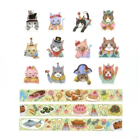 Colorful Cat Party Washi Tape and Sticker Roll Set - DIY Scrapbooking, Journaling, Gift Wrapping, and Craft Decoration Supplies