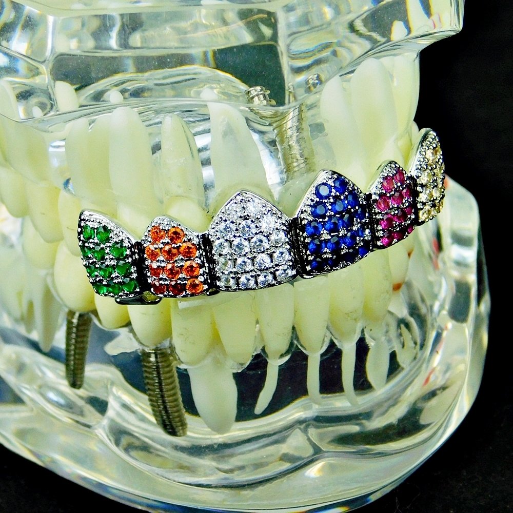 Multi-Color Grillz Silver Tone Top CZ Bling Clown Color Cubic Zirconia Rainbow Upper Teeth Hip Hop Grills - Perfect for Hip Hop Performances, Music Videos, and Streetwear Fashion