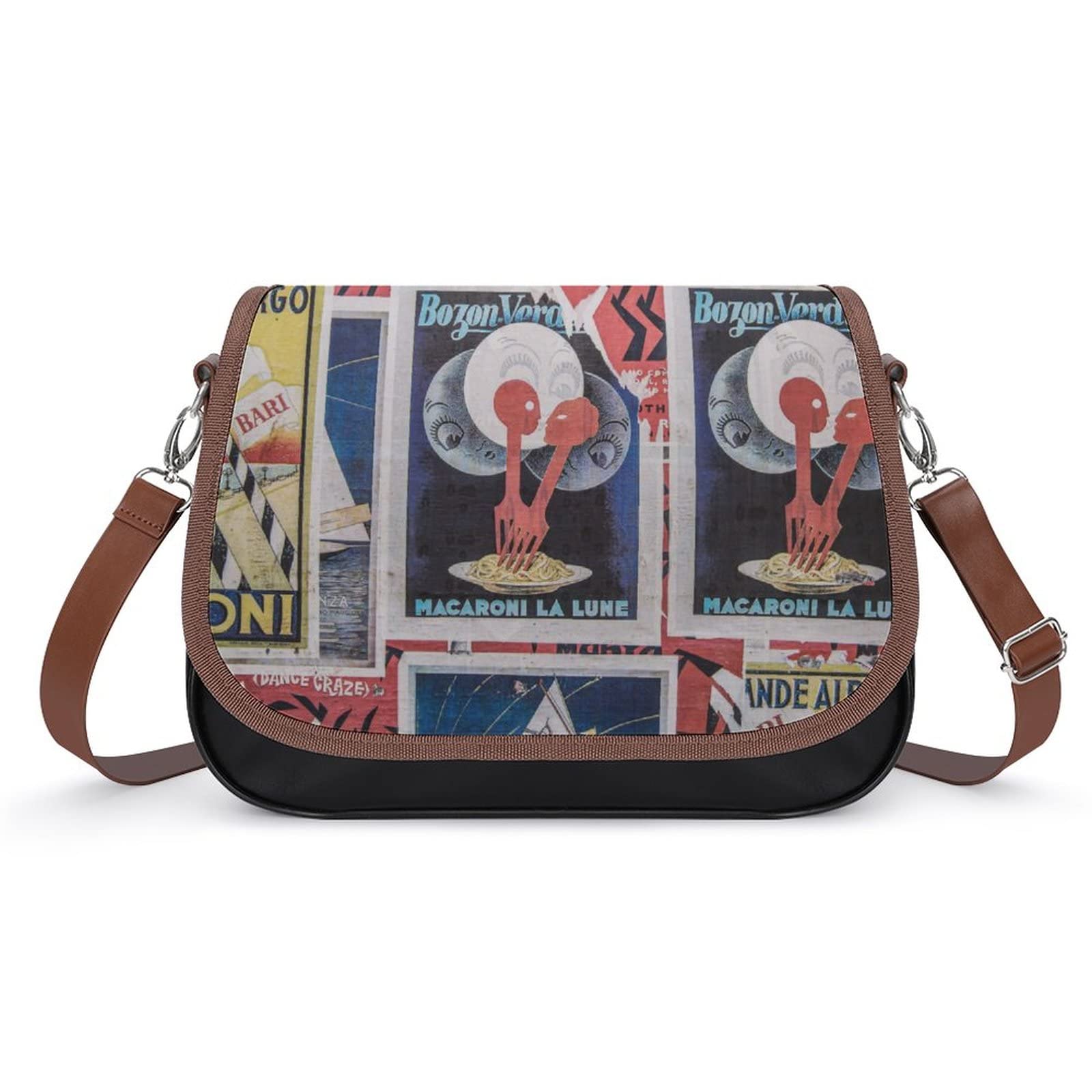 Stylish Leather Crossbody Bags for Women - Designer Shoulder Messenger Purse with Printed Flap - Vintage Italy Poster Design - Perfect for Work, Travel & Everyday Use
