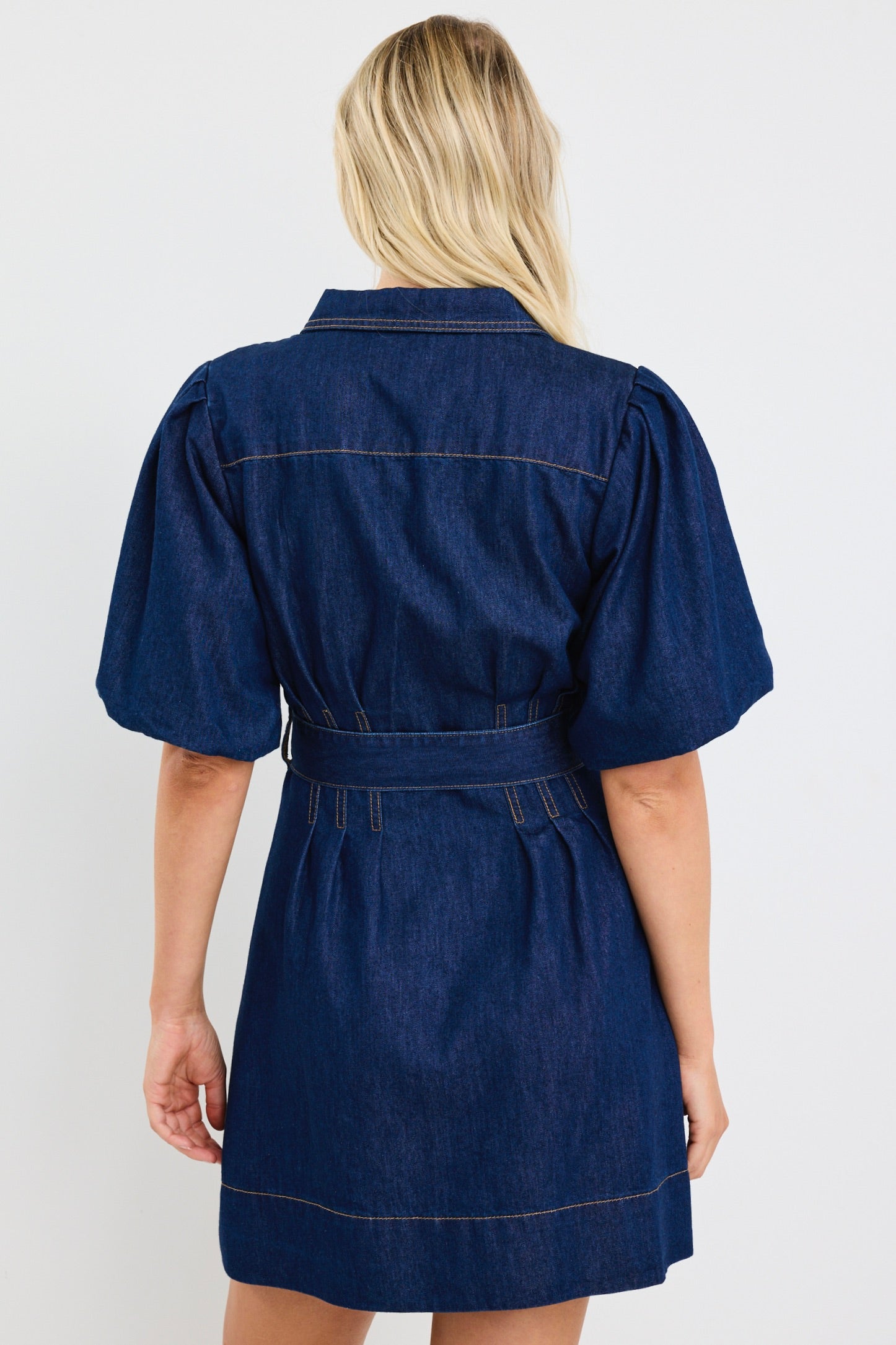 Sundown Indigo Denim Puff Sleeve Mini Shirt Dress for Women - Vintage Blue Denim Button Down Shirt Dress with Puff Sleeves - Perfect for Casual Outings, Date Nights & Summer Fashion