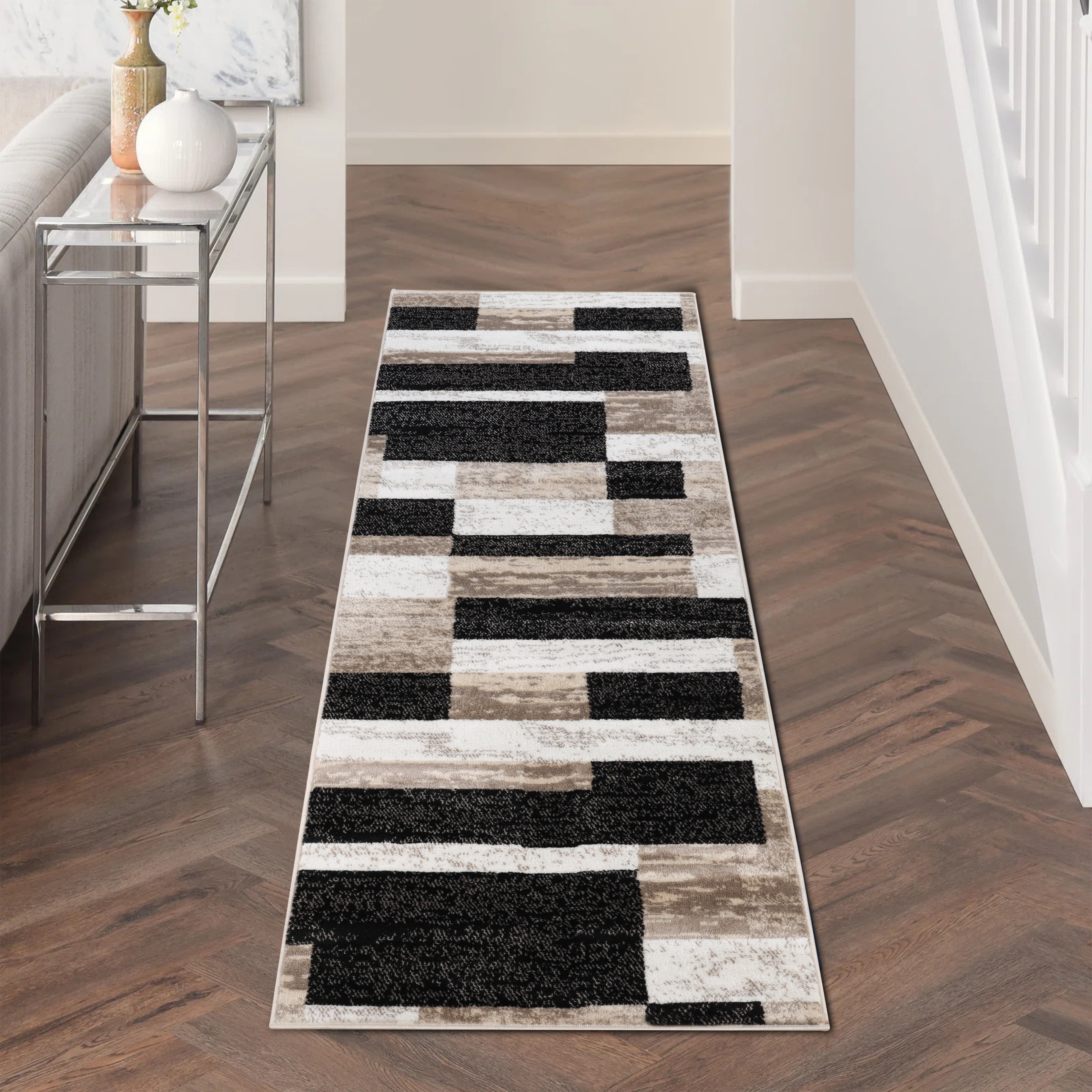 Stylish Rockwood Contemporary Geometric Patchwork Area Rug - Non-Slip Indoor Runner for Living Room, Bedroom & Office Decor