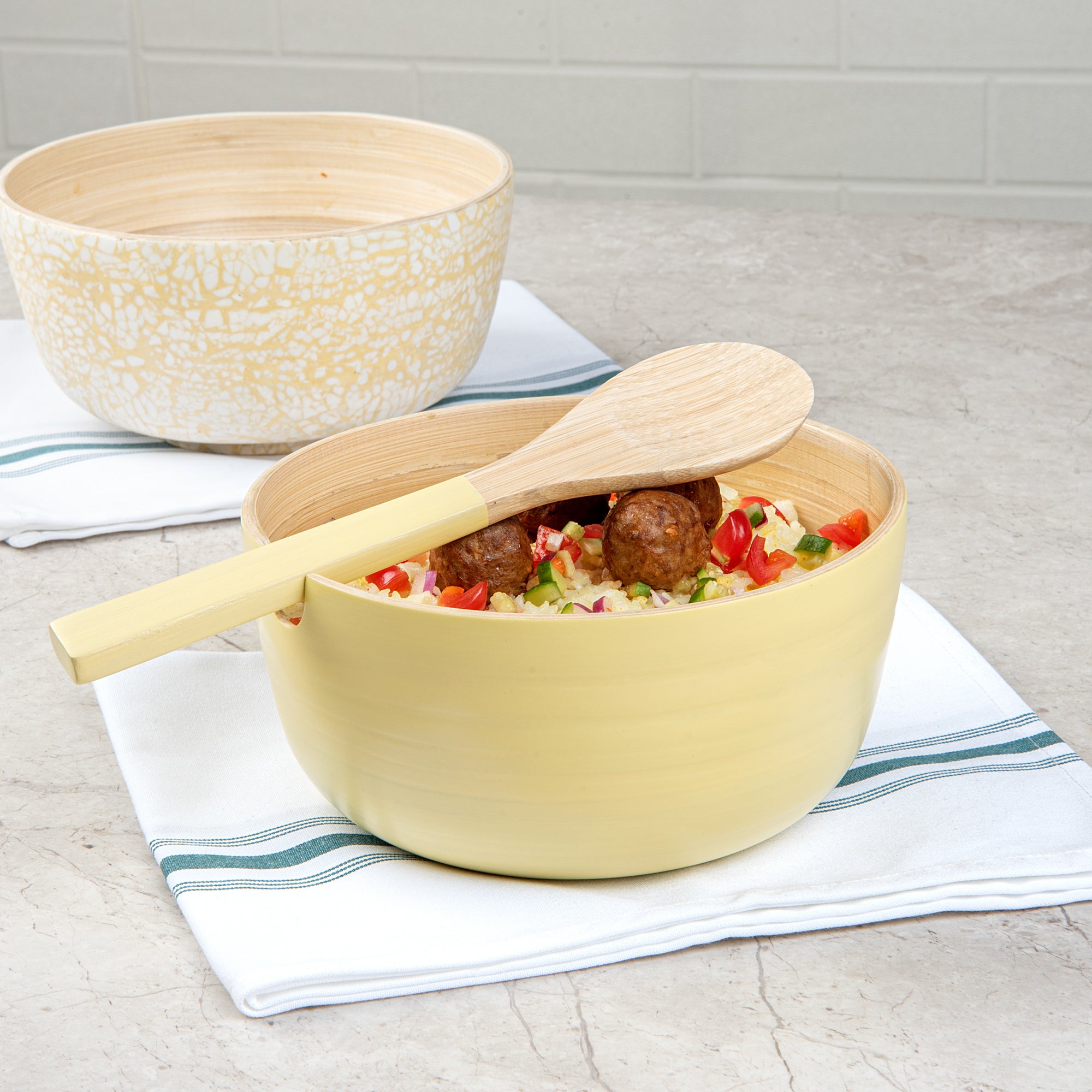 Bambuddha 25 oz Round Cream Spun Bamboo Serving Bowl with Spoon - 7.75