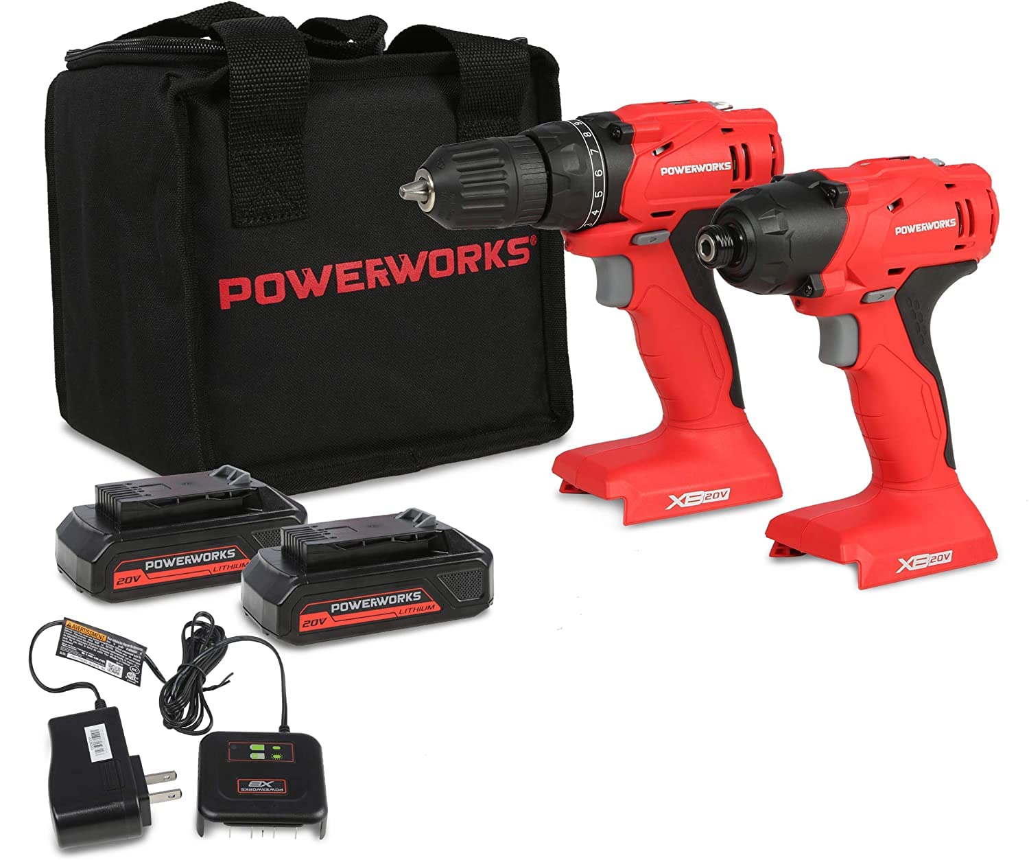 POWERWORKS 20V Cordless Drill and Impact Driver Combo Kit with 2 Batteries, Fast Charger & Carry Bag - Perfect for DIY Projects, Home Repairs & Construction Work | CKG302