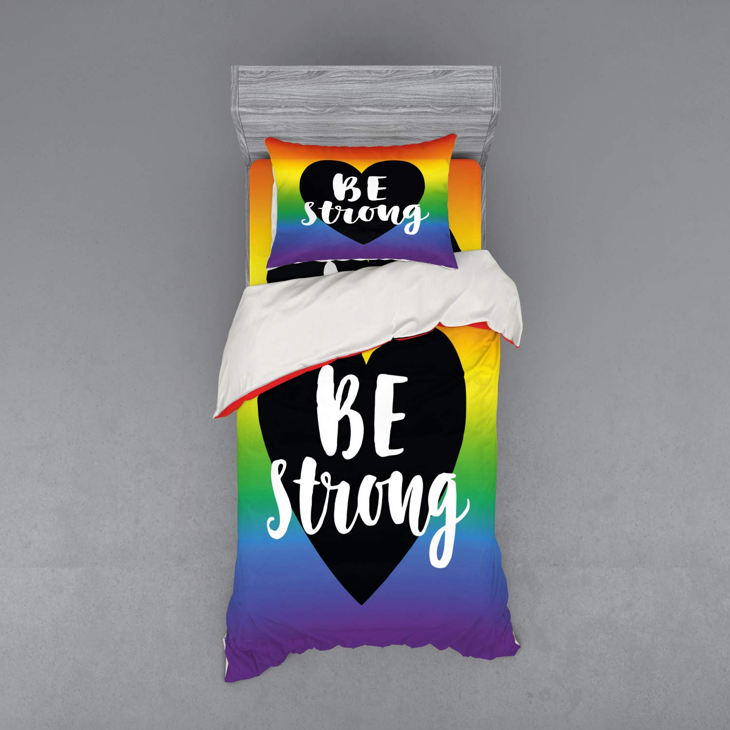 Ambesonne Pride Bedding Set - 3 Piece Duvet Cover with Sham & Fitted Sheet, Twin Size, Multicolor LGBTQ+ Equality Love Theme | Perfect for Pride Month, Gay Parade Decor & Rainbow Themed Bedroom