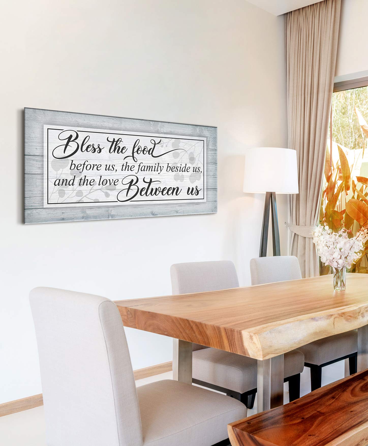 Bless The Food Sign - Christian Wall Decor for Dining Room & Kitchen - Large 42x19 Canvas Wall Art - Family Home Décor - Grey Farmhouse Style - Perfect for Thanksgiving & Holiday Gatherings