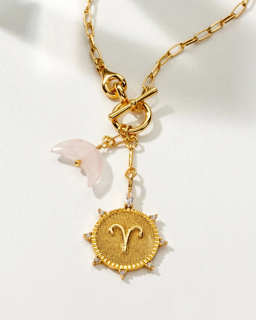 Aries Zodiac Sign Rose Quartz Necklace for Women - Healing Crystal Jewelry Gift for Birthday, Valentine's Day & Self-Love (Perfect for Meditation, Energy Balancing & Spiritual Protection)
