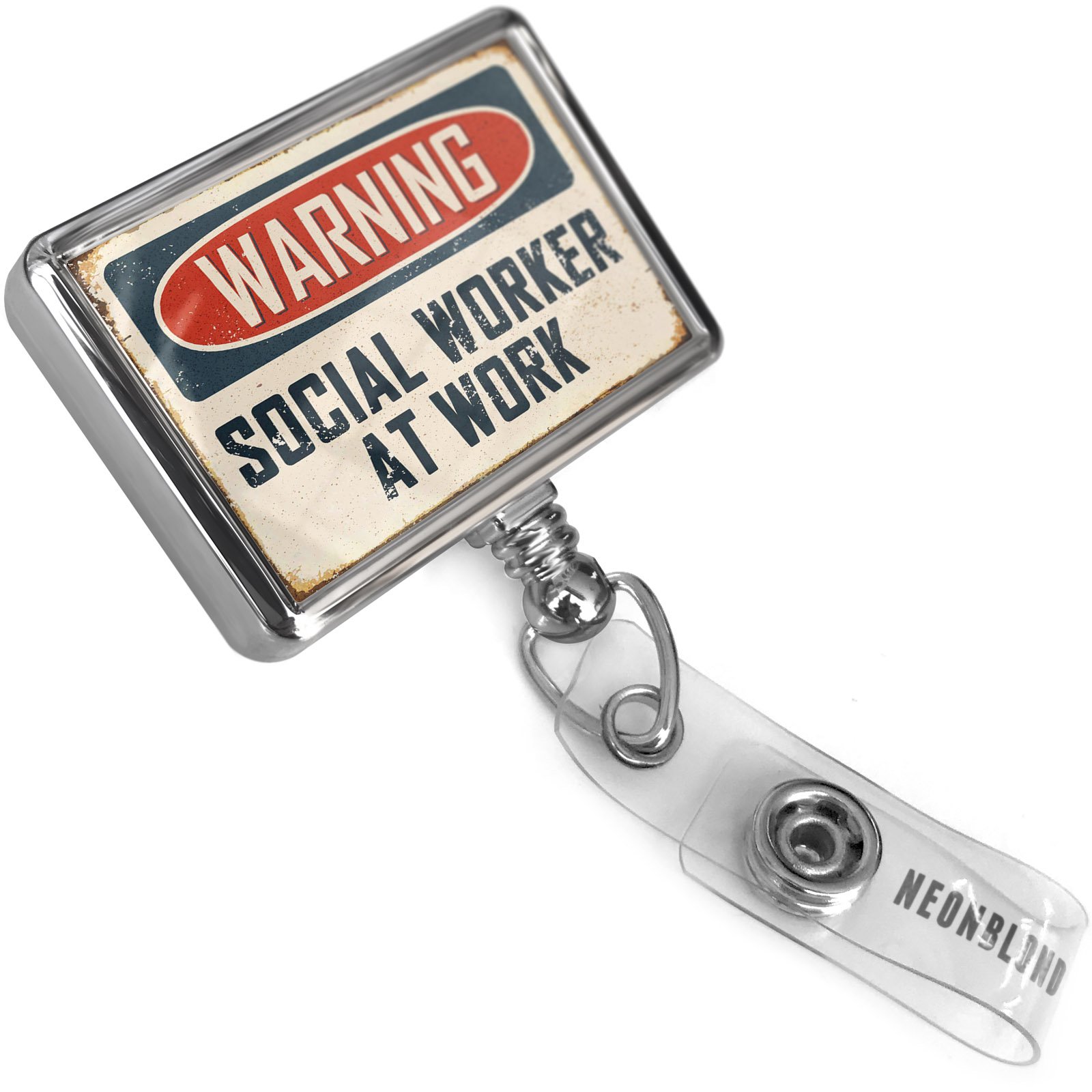 Retractable ID Badge Holder with Belt Clip - Vintage Social Worker Warning Sign Design - Fun Bulldog Job Badge Reel for Nurses, Teachers & Office Professionals