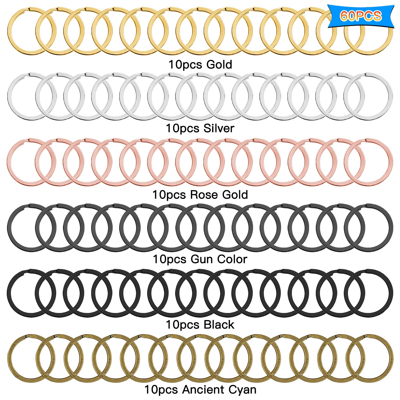60pcs Flat Key Chain Rings - Metal Split Keychain Rings for Home, Car & Office Keys Organization (6 Colors) - Durable Key Attachment for Keychains, Lanyards & DIY Crafts
