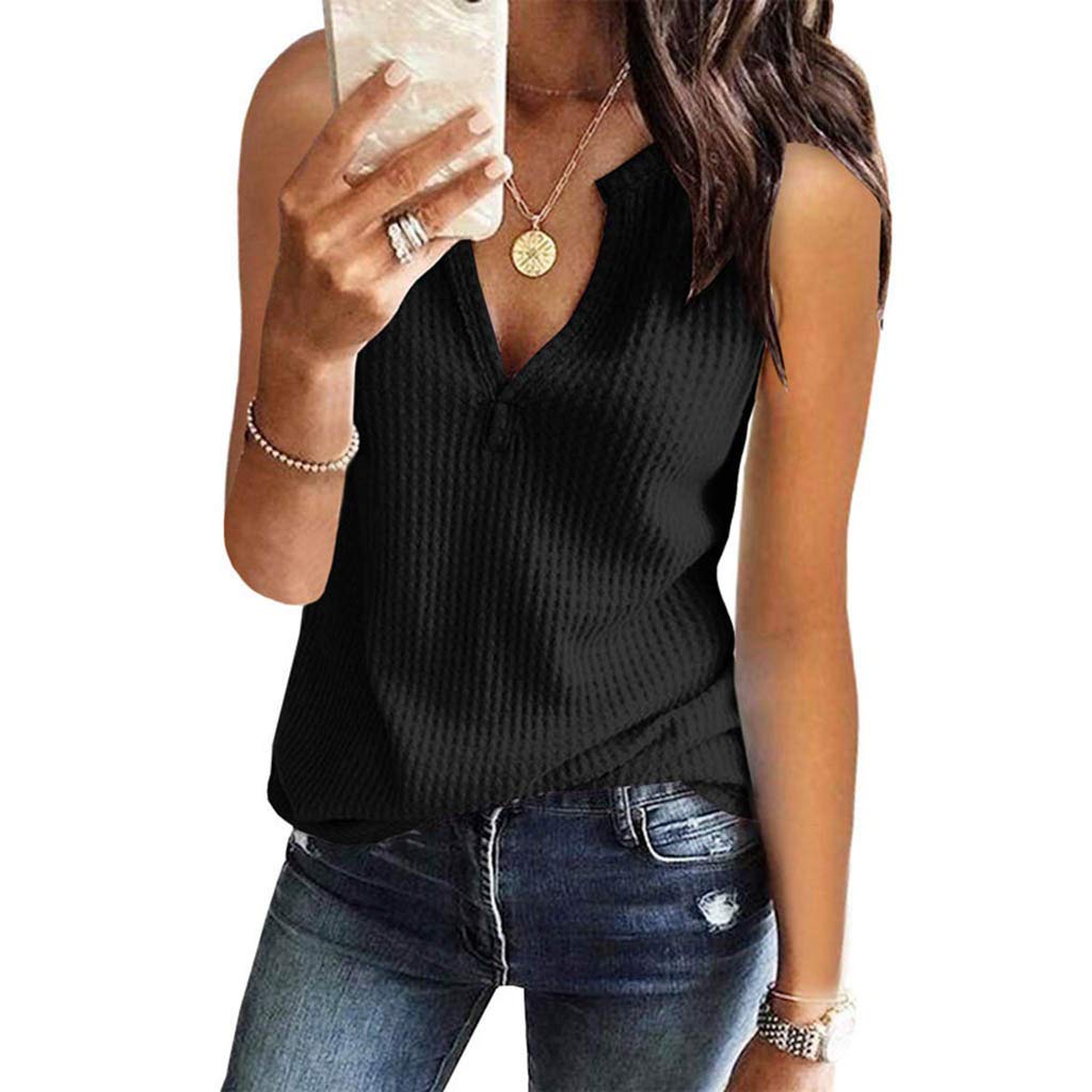 Women's Casual Summer Tank Tops - V Neck Waffle Knit Sleeveless Loose Tee Shirts | Fashionable & Comfortable for Beach, Gym, and Everyday Wear