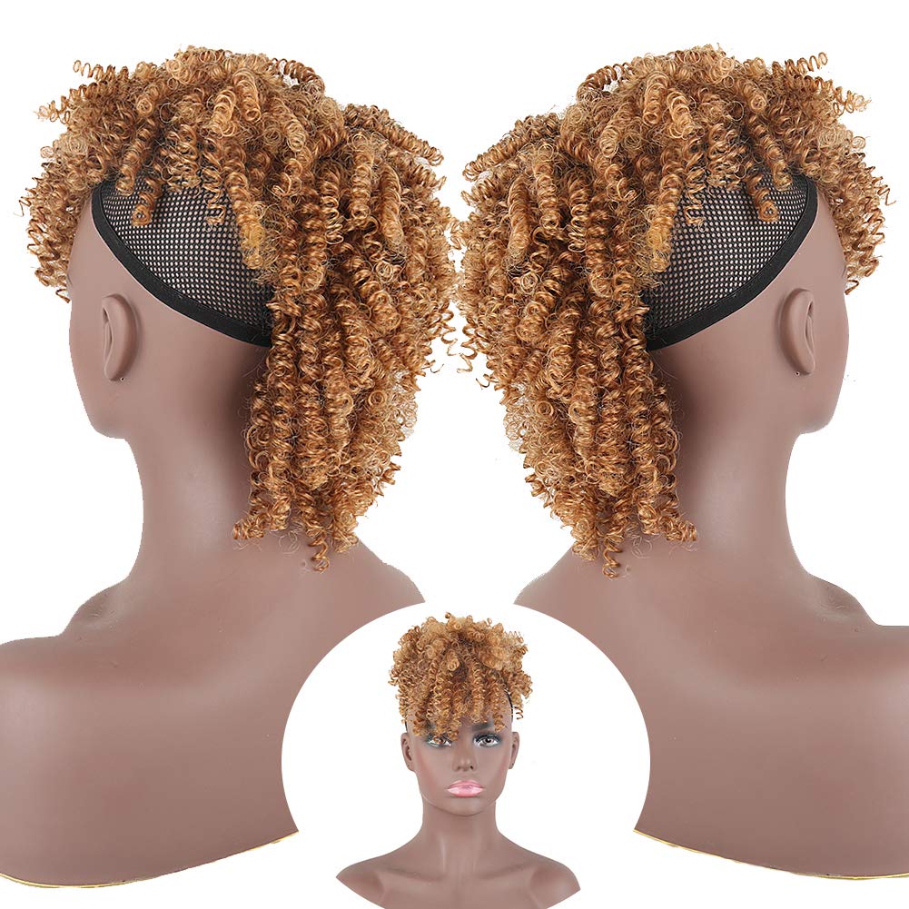 Asiaide High Puff Afro Ponytail Drawstring - Short Curly Ponytail Extension for Black Women | Mohawk Kinky Synthetic Hair Bun with Bangs | Wrap Updo Clip-in Hair Extensions with 6 Clips & 2 Combs (4/630) | Perfect for Cosplay, Daily Wear & Protective Hairstyles
