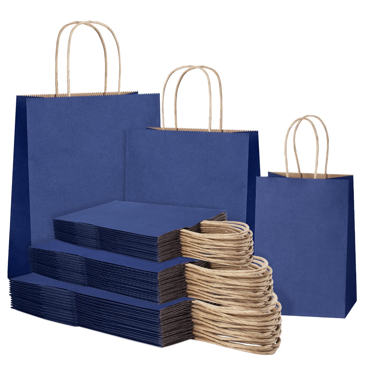 Premium 45-Pack Navy Blue Kraft Paper Gift Bags with Handles - 3 Sizes (5x3x8